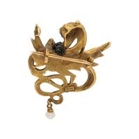YELLOW GOLD, DIAMOND, AND SEED PEARL GRIFFIN BROOCH