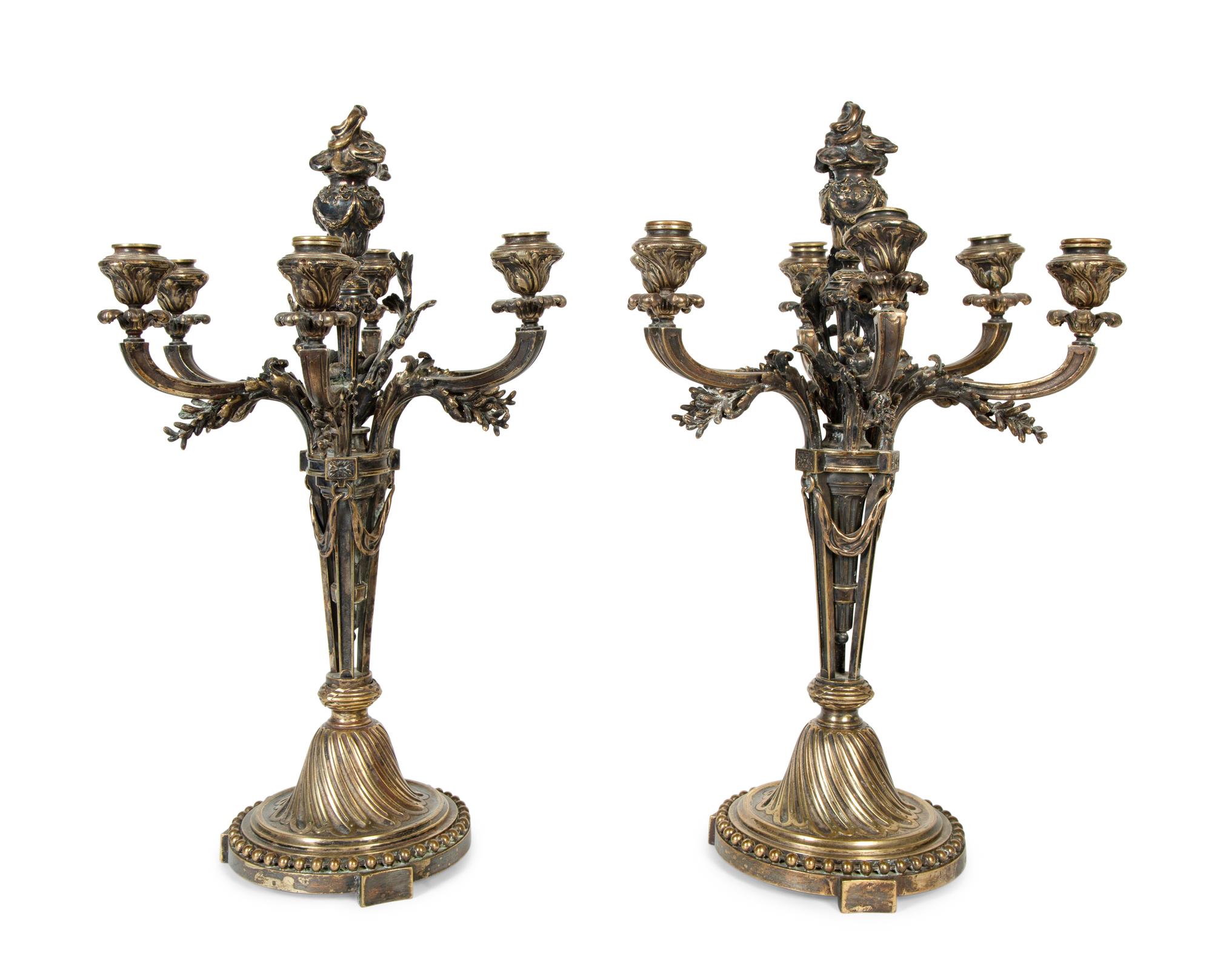 A Pair of French Silvered Bronze Six-Light Candelabra