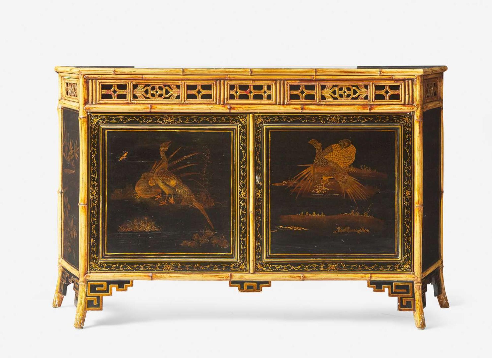 A French Japanesque bamboo and lacquer sideboard, 20th century