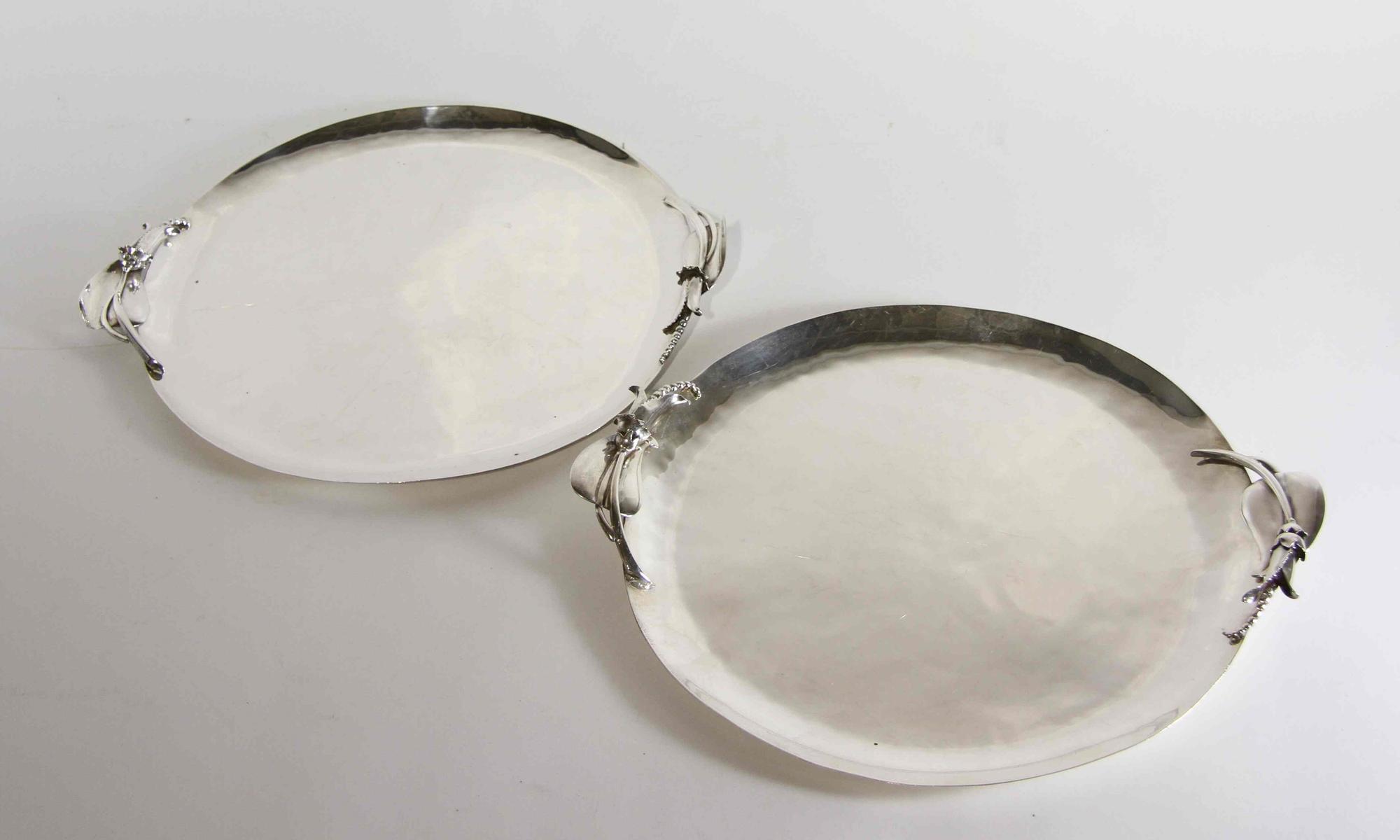 Two Mexican Silver Trays, Royal Haeger by Royal Hickman, 20th Century, each of circular form, with openwork handles modeled as flower b