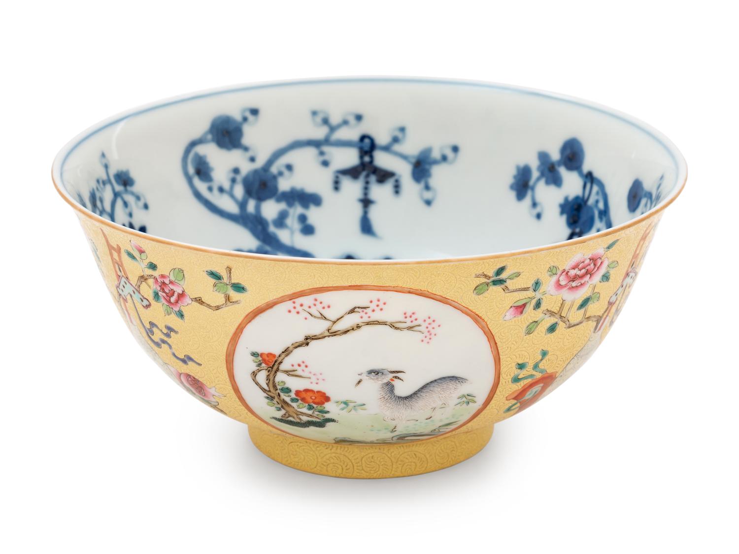 A Chinese Yellow Ground Underglaze Blue Famille Rose Porcelain Bowl