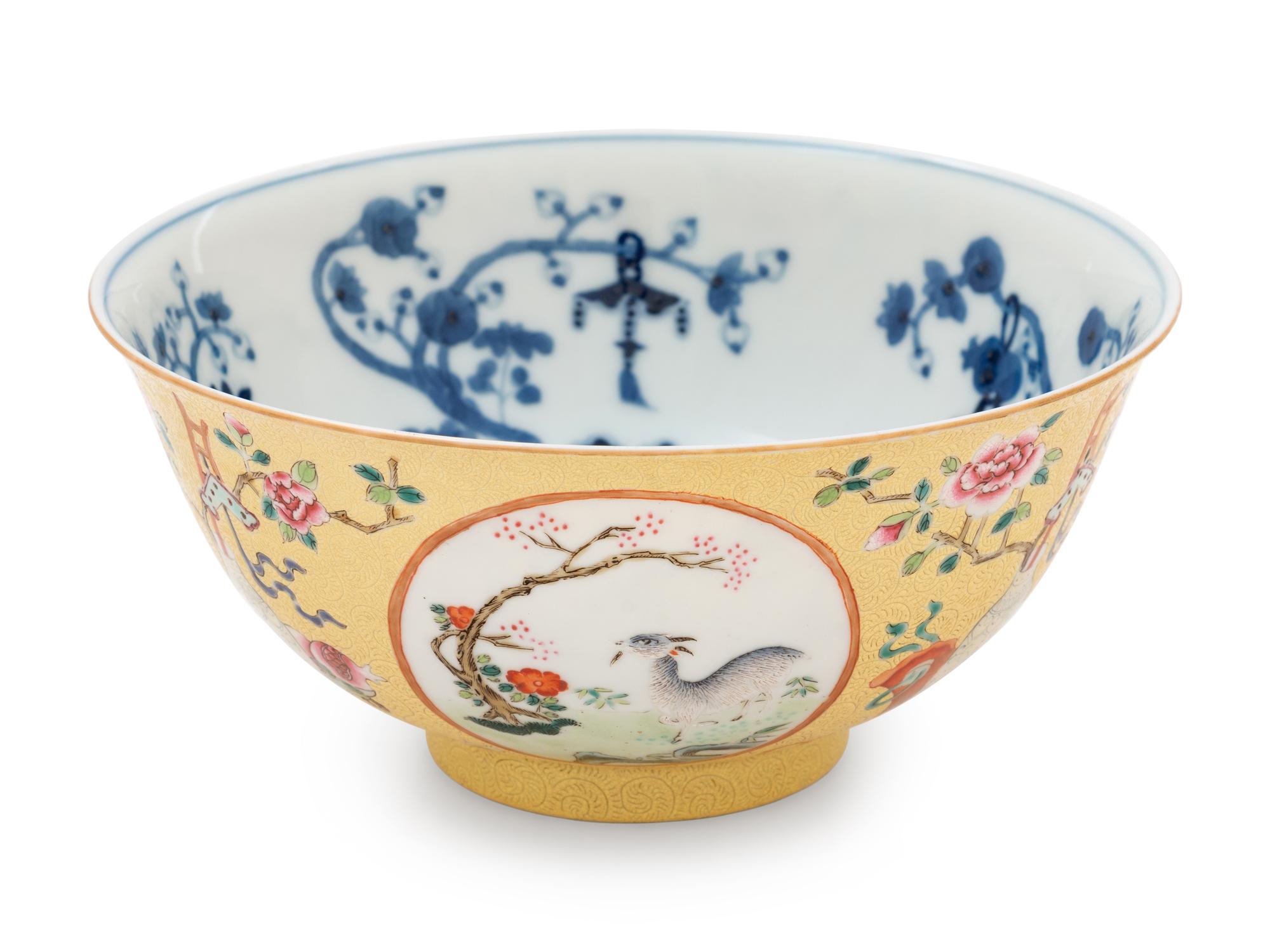 A Chinese Yellow Ground Underglaze Blue Famille Rose Porcelain Bowl
