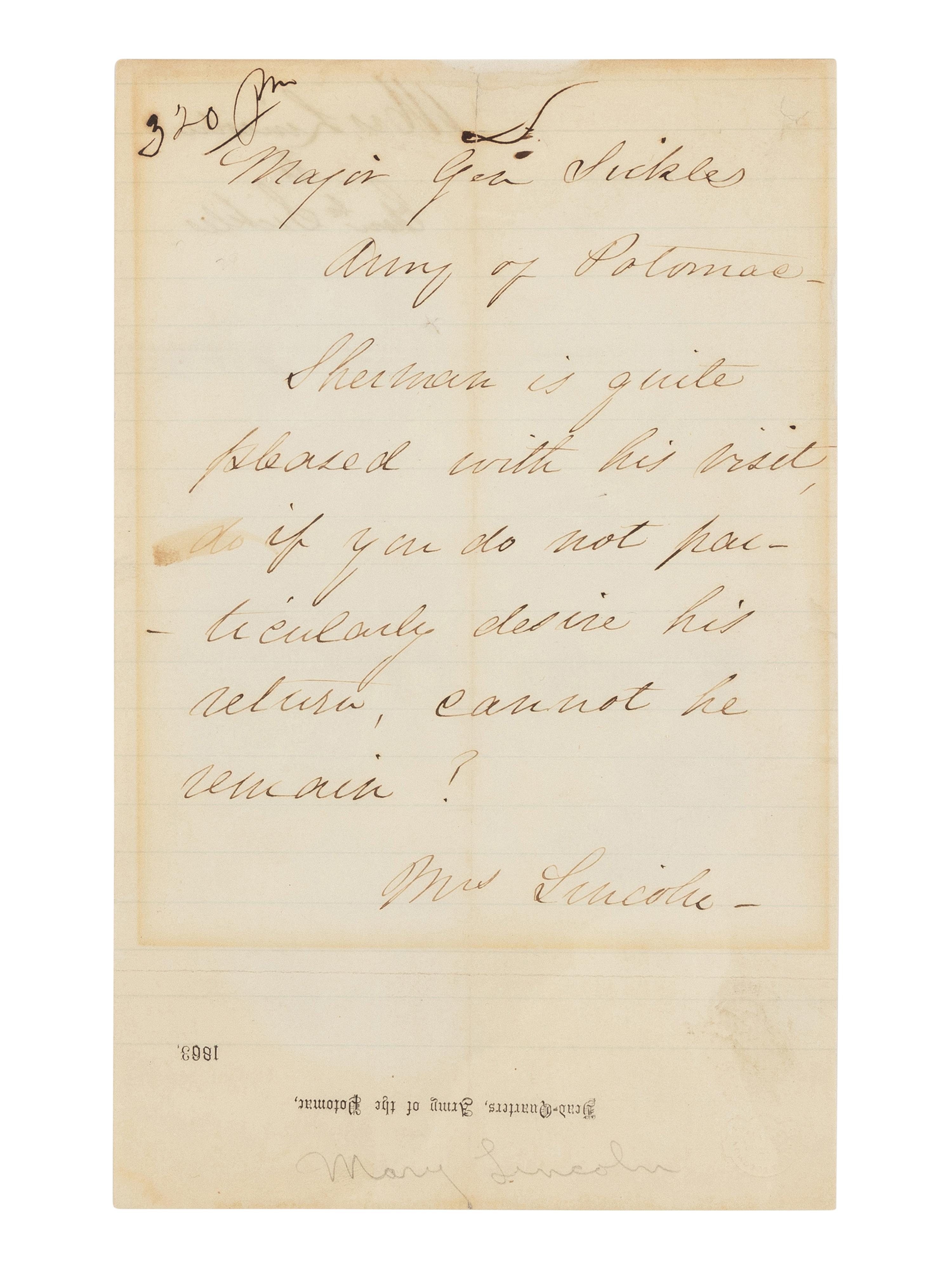 LINCOLN, Mary Todd (1818-1882). Autograph letter signed ("Mrs. Lincoln") to Major General Daniel Sickles. Washington, D.C., undated [ca. 1863].