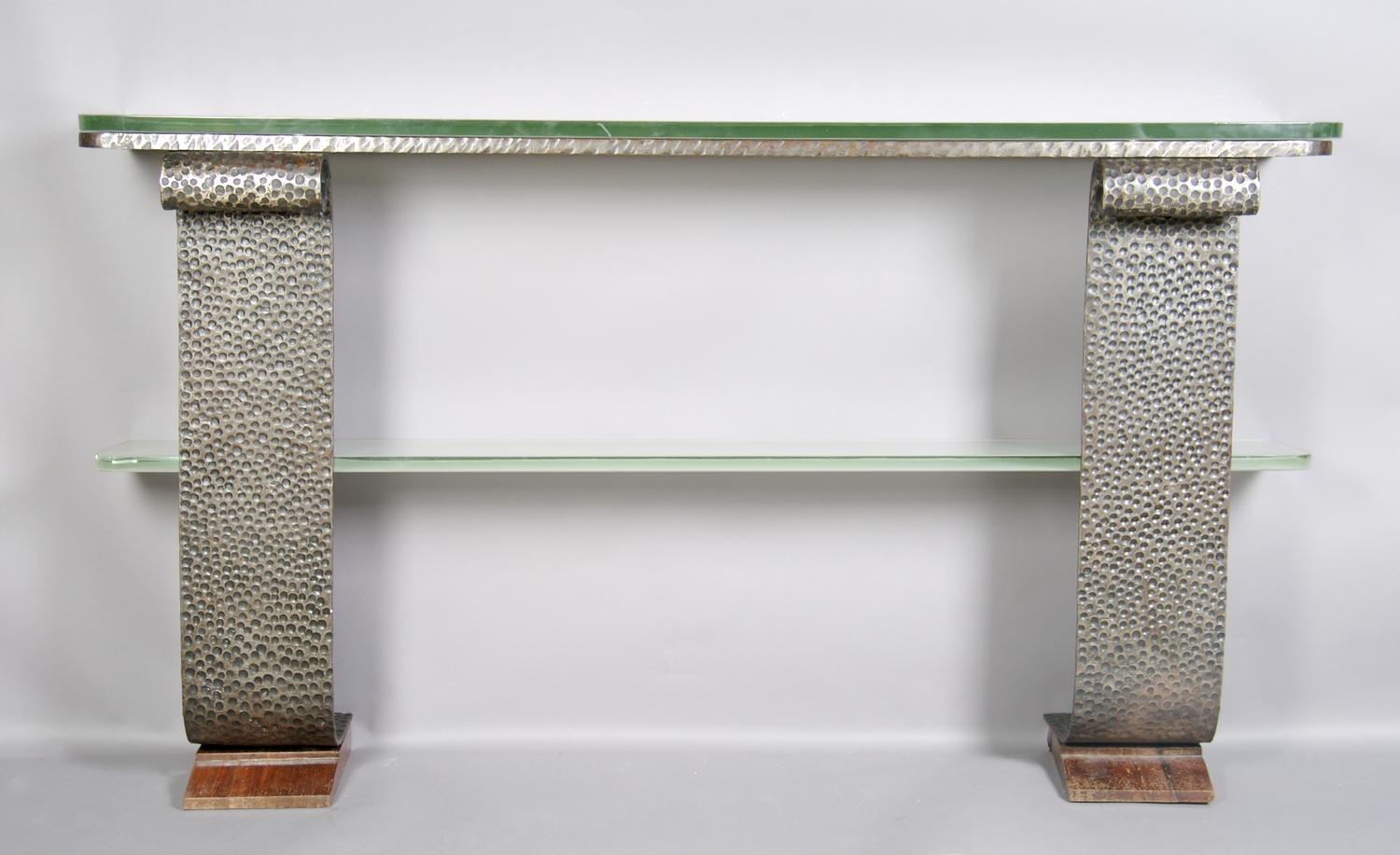 A French Art Deco Wrought Iron and Glass Console Table, Raymond Subes, Height 33 3/4 x width 58 3/4 x depth 12 inches.