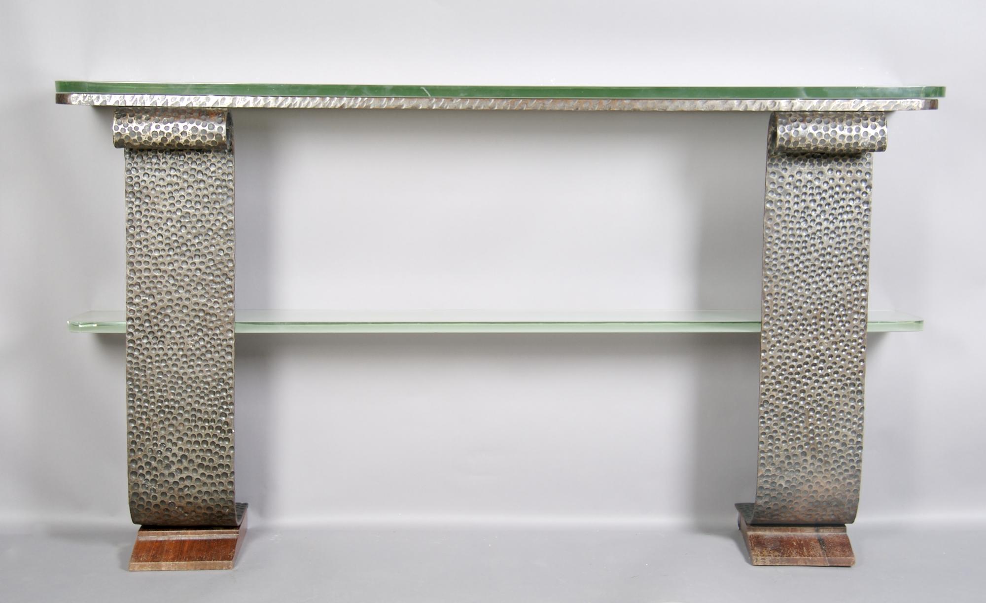 A French Art Deco Wrought Iron and Glass Console Table, Raymond Subes, Height 33 3/4 x width 58 3/4 x depth 12 inches.