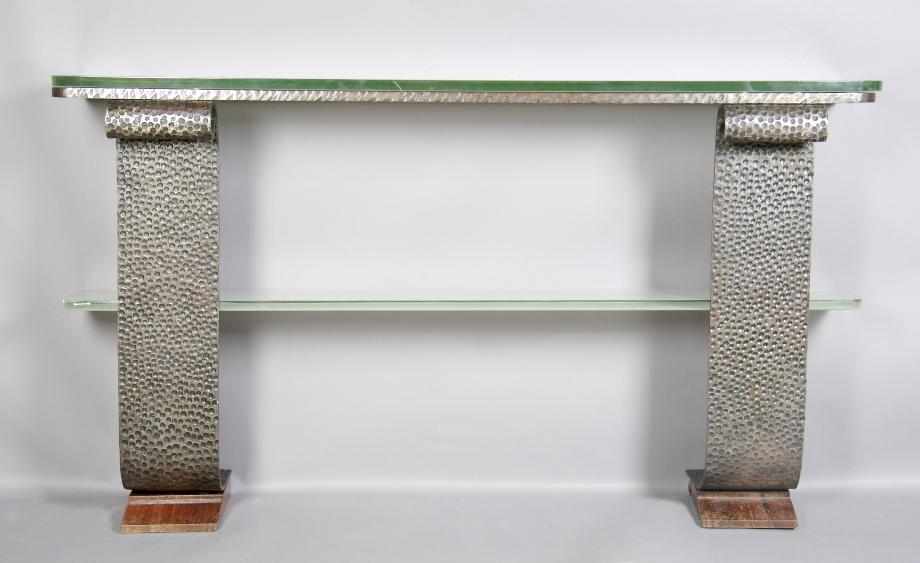 A French Art Deco Wrought Iron and Glass Console Table, Raymond Subes, Height 33 3/4 x width 58 3/4 x depth 12 inches.