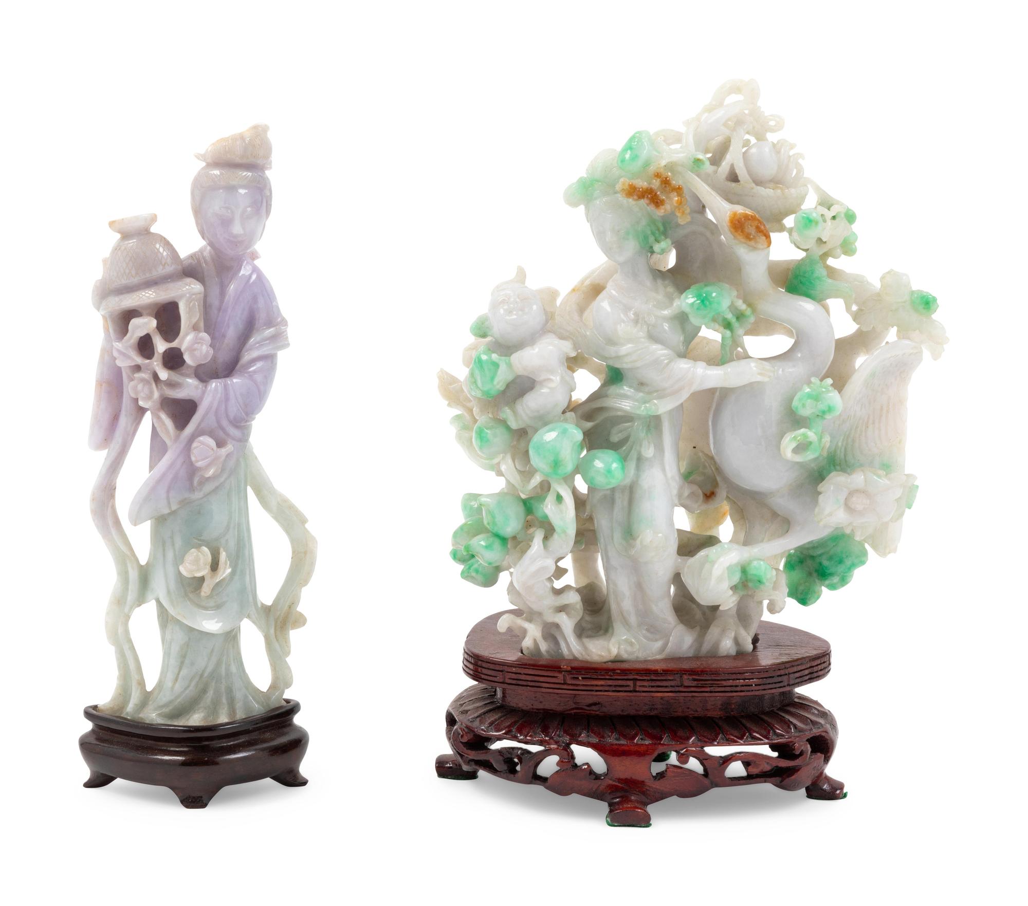 Two Chinese Green and White Jadeite Carvings