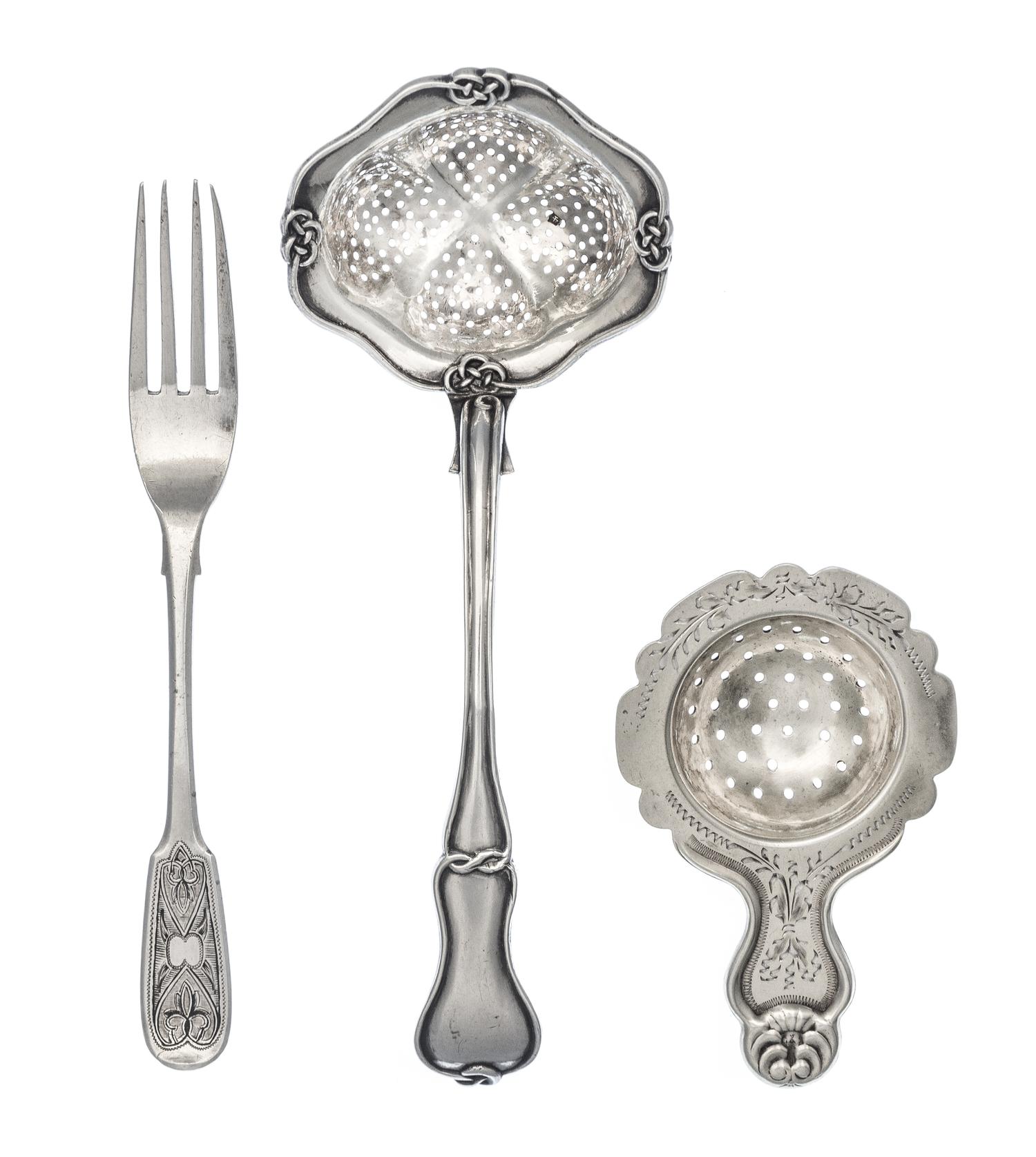 Two Russian Silver Tea Strainers, Mark of Carl Seipel, Assay of Dimitry Tverskoy, St. Petersburg, 19th Century and Others, comprising a
