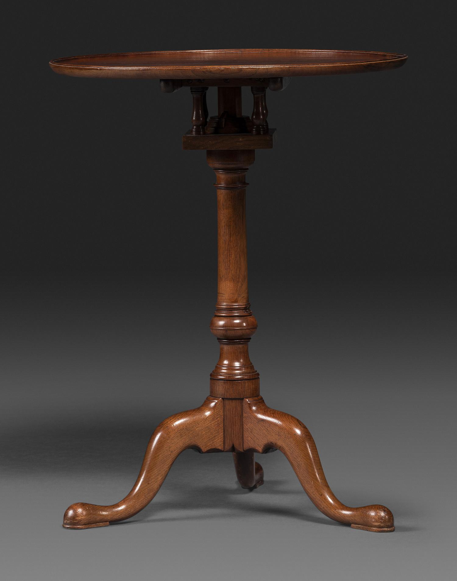 A Queen Anne Walnut Dish and Tilt-Top Bird-Cage Action Candlestand