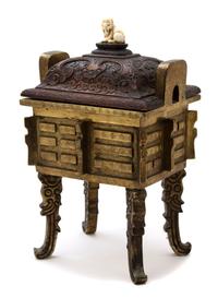 A Chinese Bronze Censer with Carved Wood Lid Height 13 x width 8 x depth 6 1/2 inches. — 19TH CENTURY