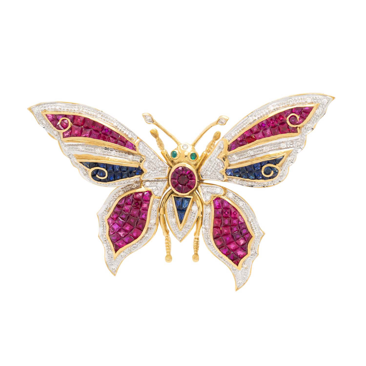 DIAMOND, SYNTHETIC RUBY, AND SYNTHETIC SAPPHIRE ARTICULATED BUTTERFLY BROOCH