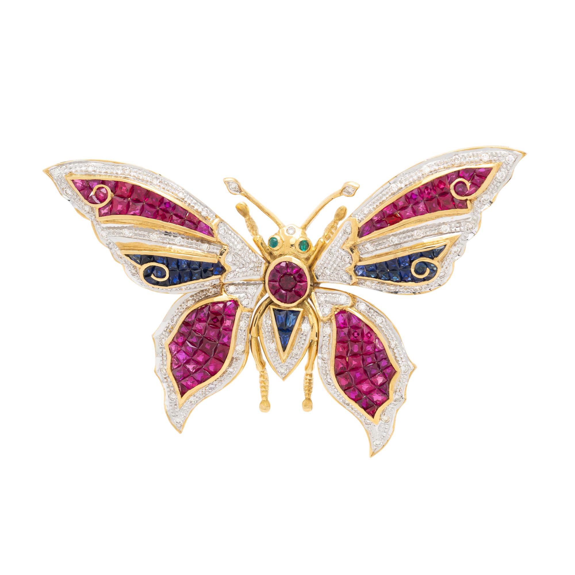 DIAMOND, SYNTHETIC RUBY, AND SYNTHETIC SAPPHIRE ARTICULATED BUTTERFLY BROOCH