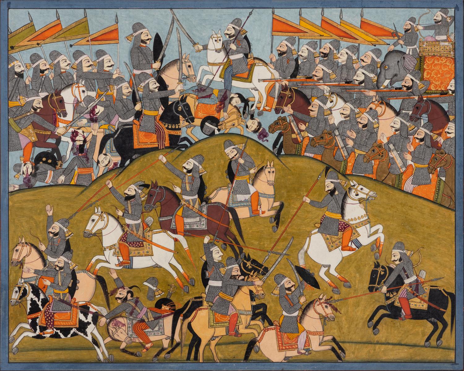 An Indian Painting of a Battle Scene, Punjab Hills, Kangra, Circa 1820 約1820年 印度旁遮普山丘岡格拉派細密畫《交戰圖》