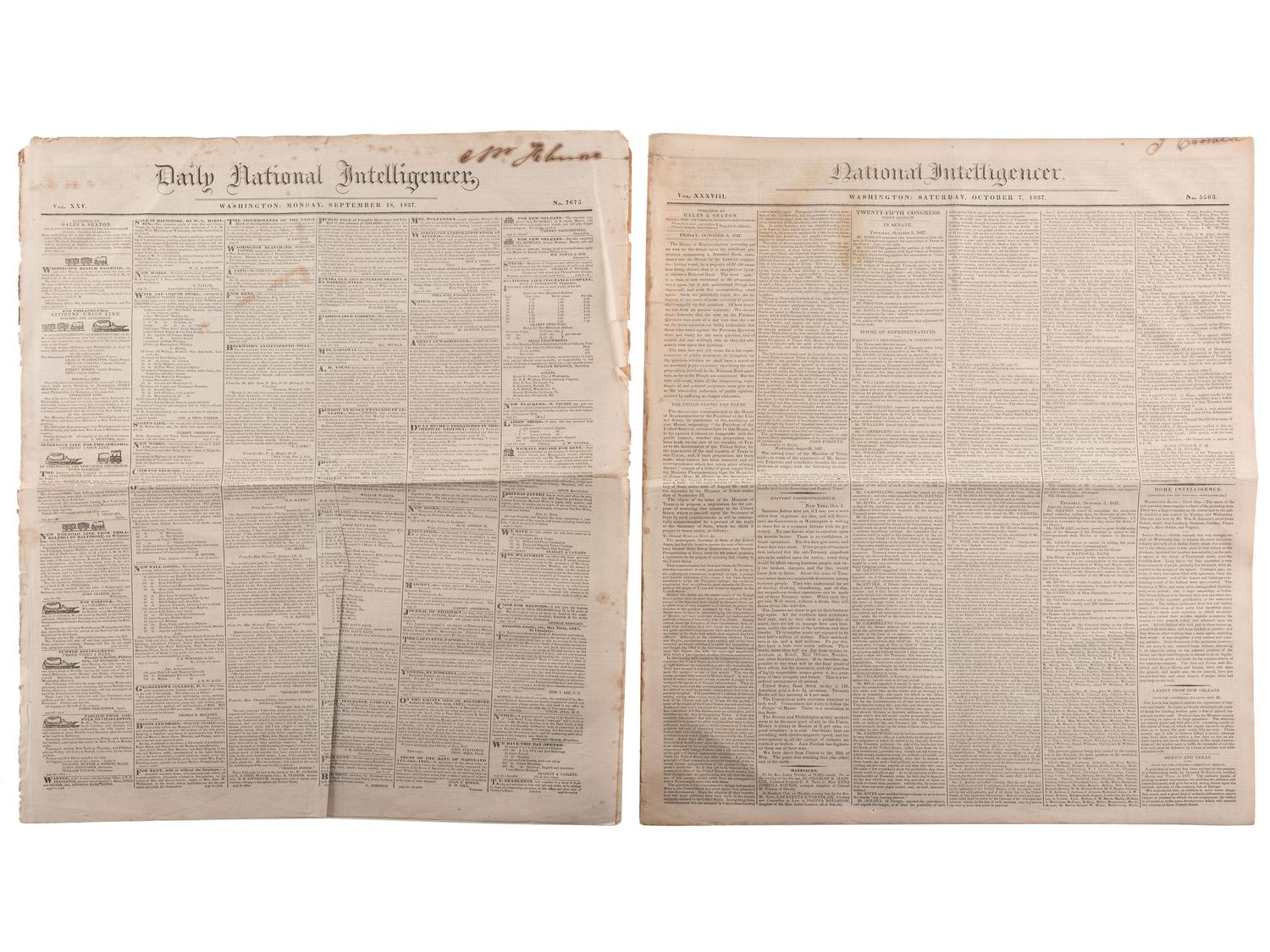 [SLAVERY & ABOLITION]. Advertisements for the return of freedom seekers published in 7 issues of The National Intelligencer . Washington, DC: 1831-1858.