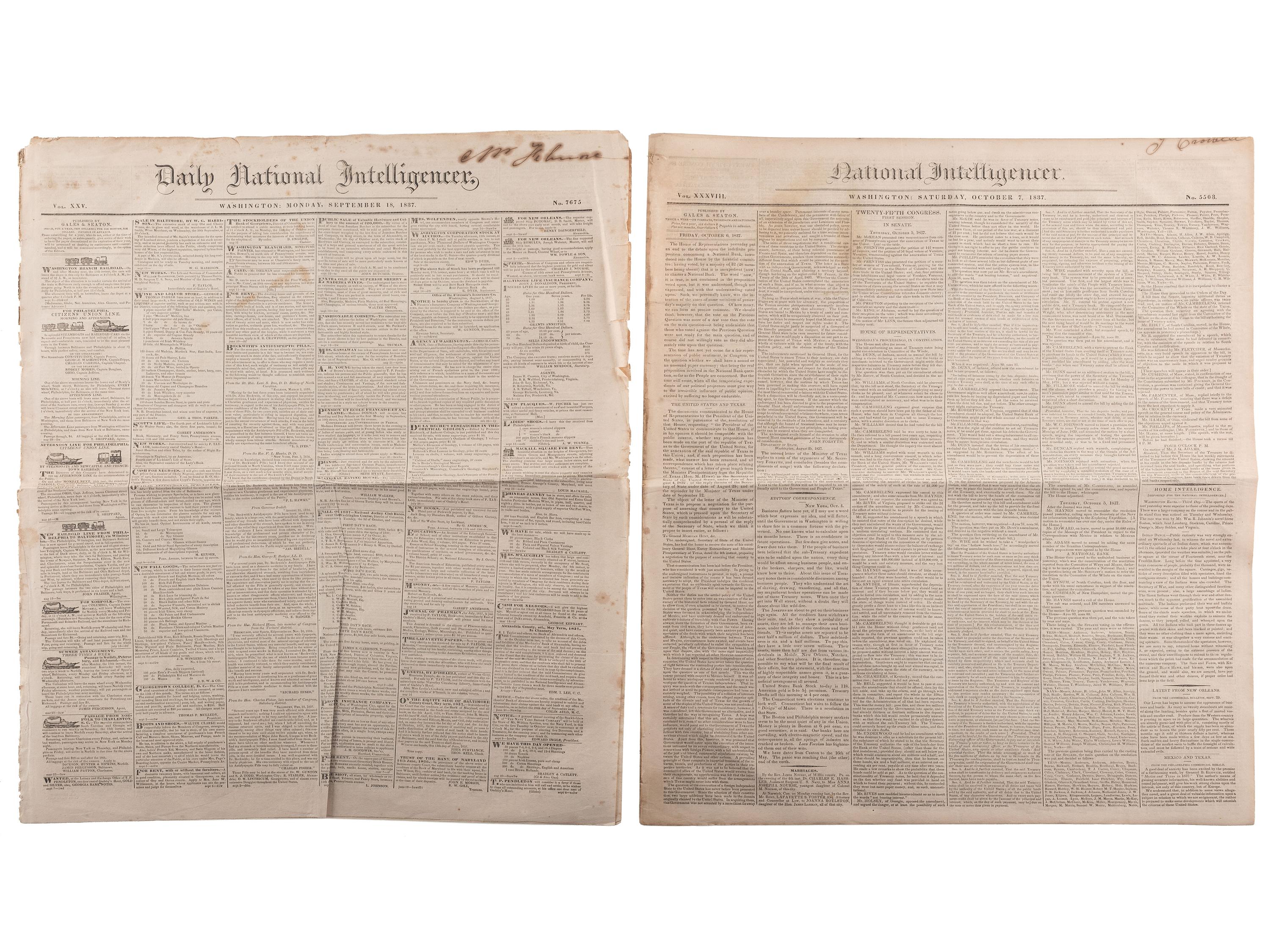 [SLAVERY & ABOLITION]. Advertisements for the return of freedom seekers published in 7 issues of The National Intelligencer . Washington, DC: 1831-1858.