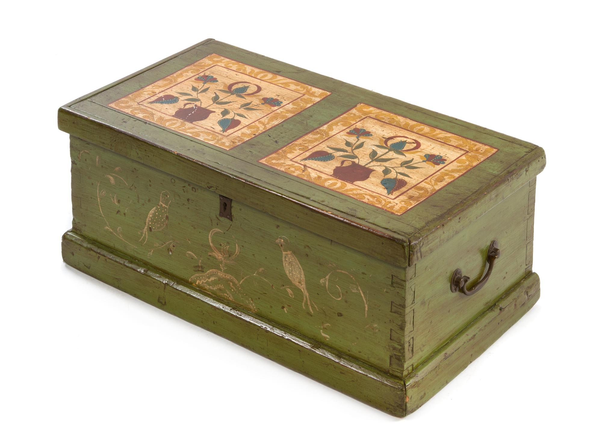 An American Paint Decorated Pine Chest Height 10 1/2 x width 25 1/4 x depth 13 3/4 inches. — 19TH CENTURY