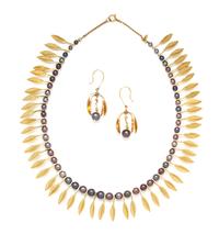 An 18 Karat Yellow Gold and Cultured Pearl Leaf Motif Demi Parure, 31.90 dwts.