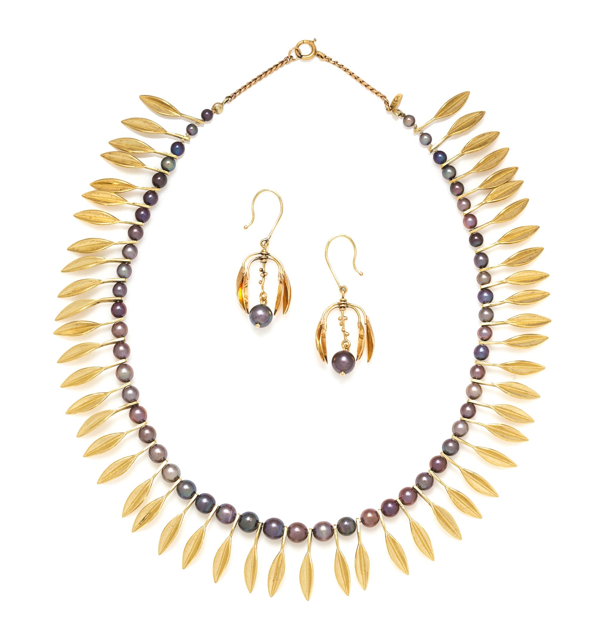 An 18 Karat Yellow Gold and Cultured Pearl Leaf Motif Demi Parure, 31.90 dwts.