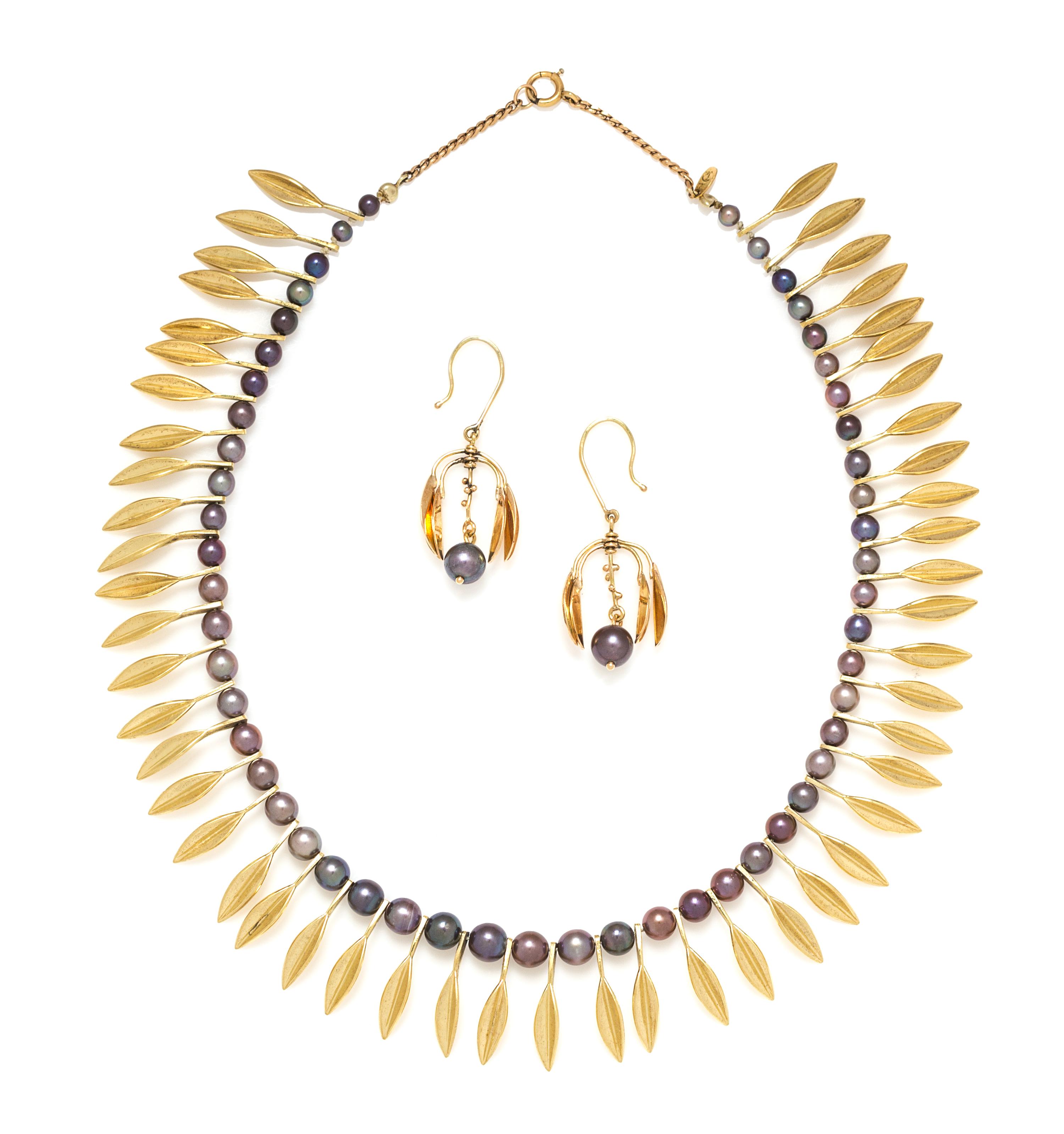 An 18 Karat Yellow Gold and Cultured Pearl Leaf Motif Demi Parure, 31.90 dwts.