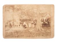 [AFRICAN AMERICANA] -- [CIVIL WAR]. Cabinet card featuring two African American cooks at camp with Union soldiers and drummer boys.