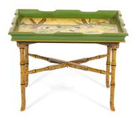 A Lacquered Wood Tray Top Table on Faux Bamboo Folding Stand — 20TH CENTURY