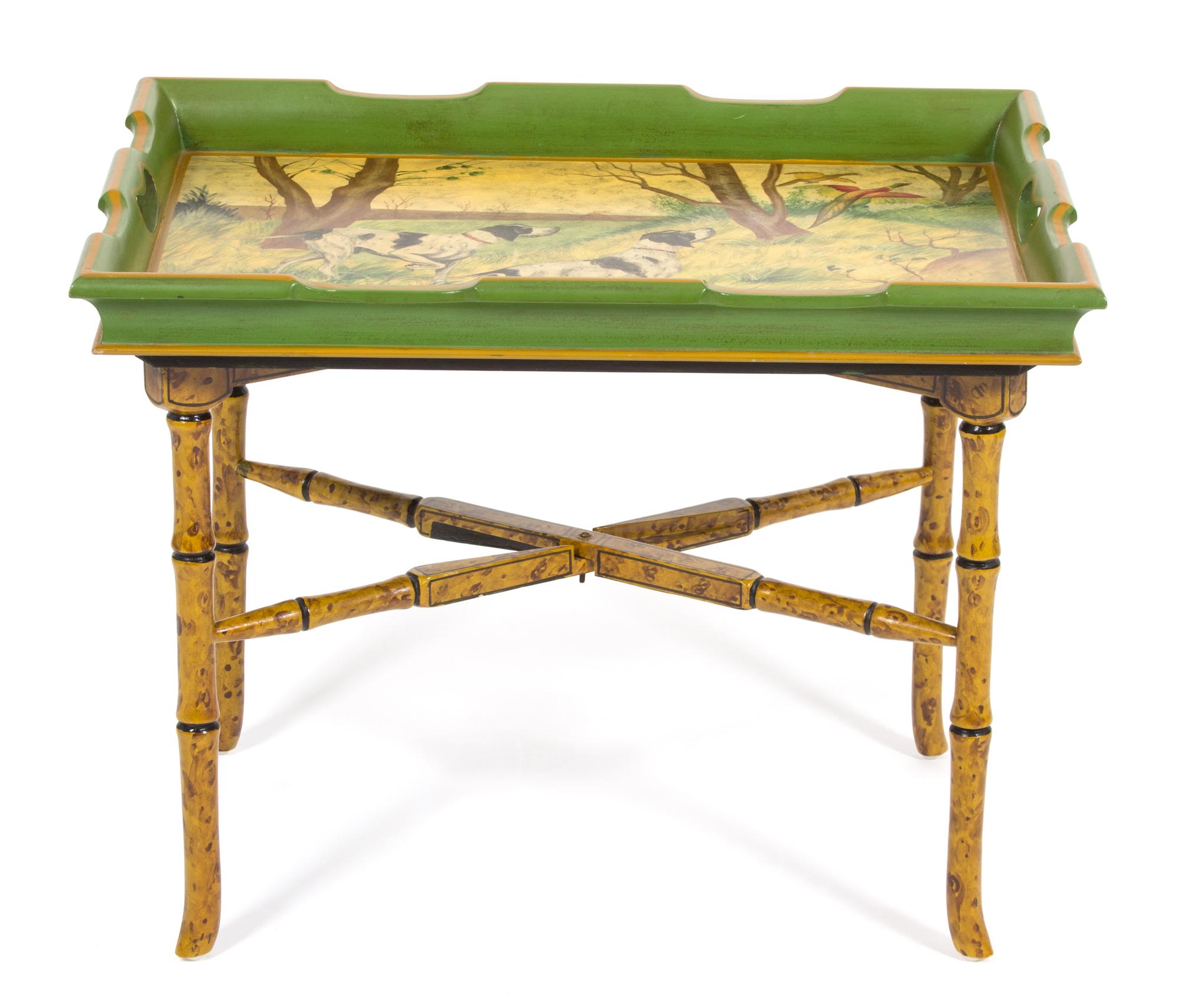 A Lacquered Wood Tray Top Table on Faux Bamboo Folding Stand — 20TH CENTURY