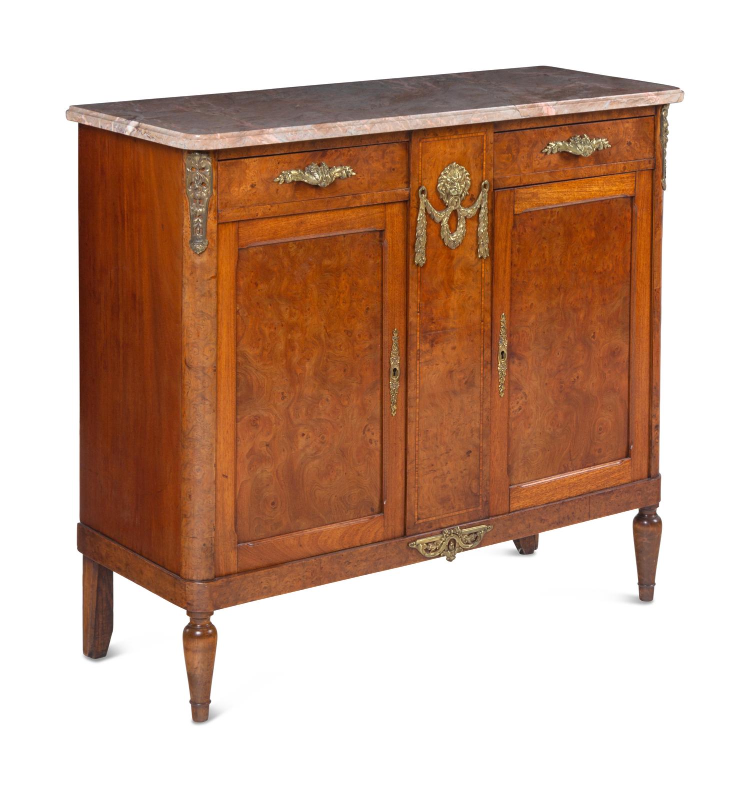 A Louis XVI Style Gilt Bronze-Mounted Burlwood Marble-Top Serving Cabinet