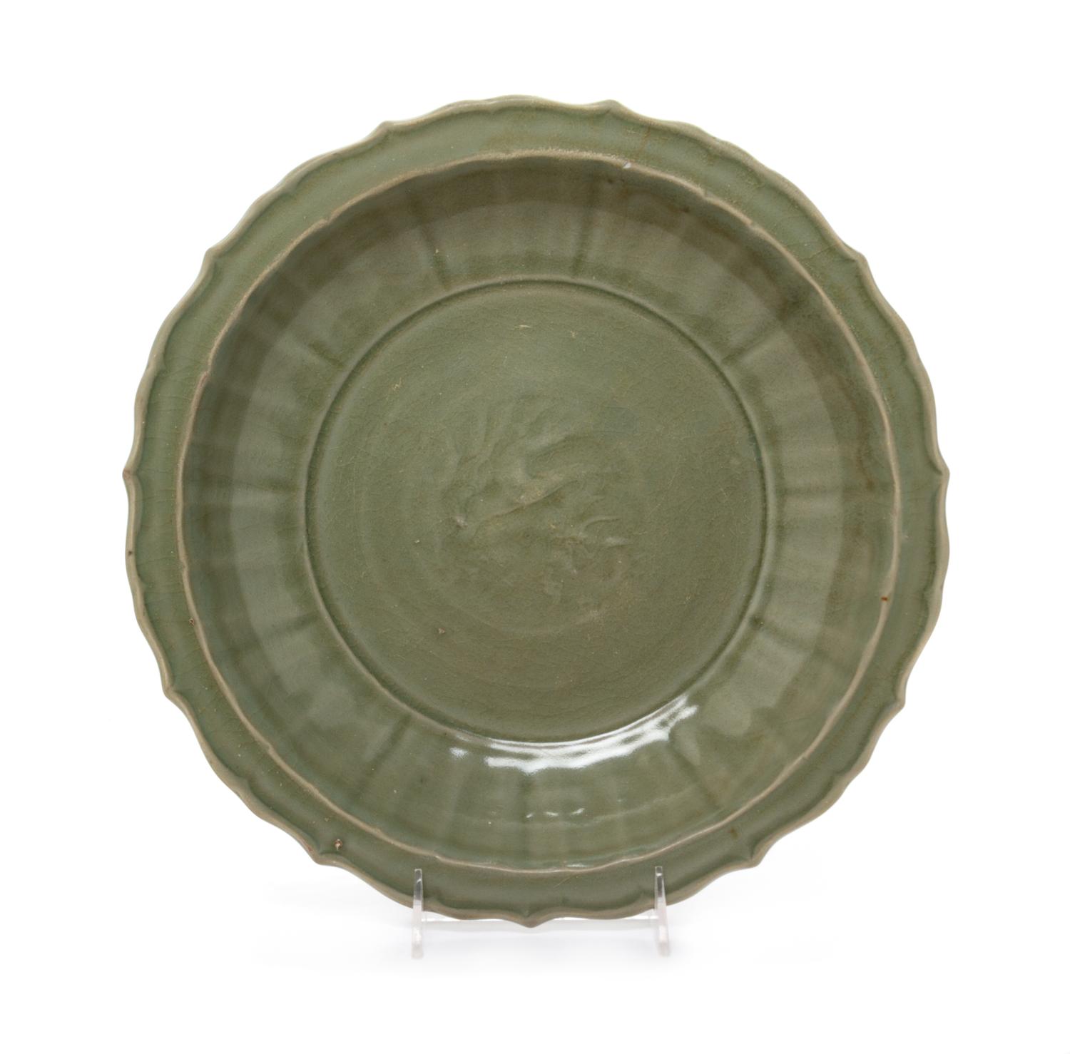 A Longquan Celadon Barbed Circular Dish Diameter 12 3/4 inches. — MING DYNASTY (1368-1644)