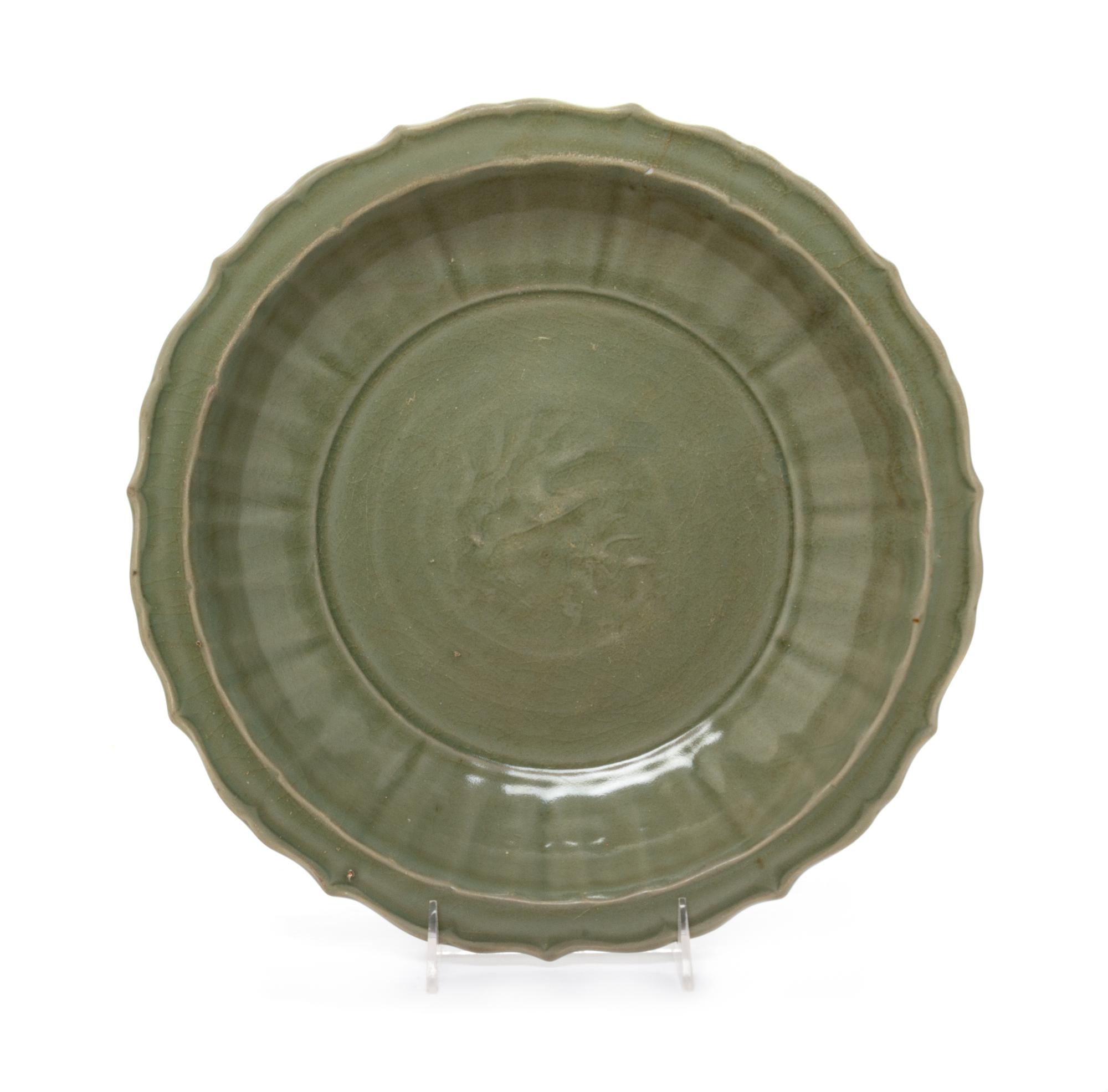 A Longquan Celadon Barbed Circular Dish Diameter 12 3/4 inches. — MING DYNASTY (1368-1644)