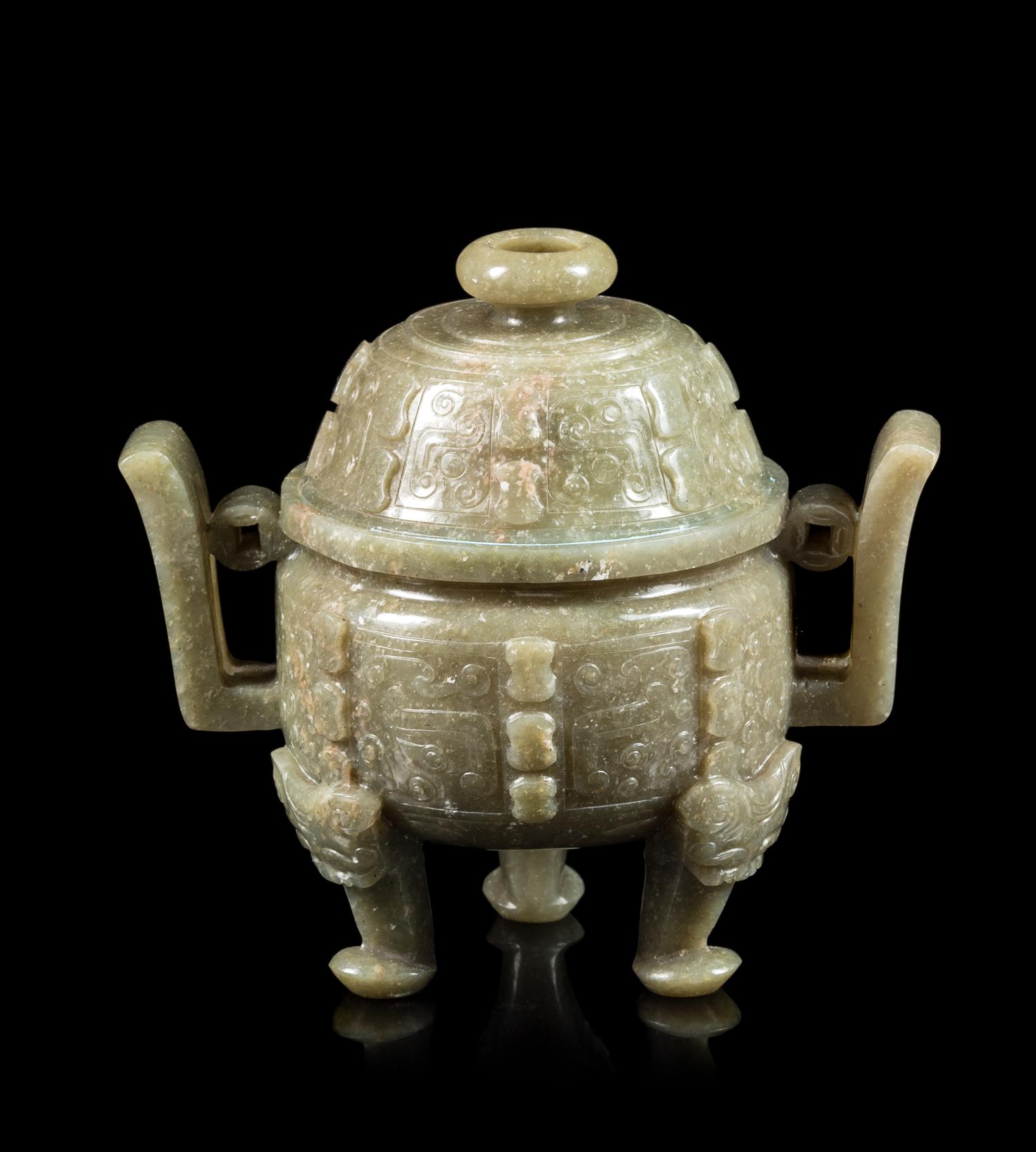 A Spinach Jade Incense Burner Height 6 inches. — 20TH CENTURY
