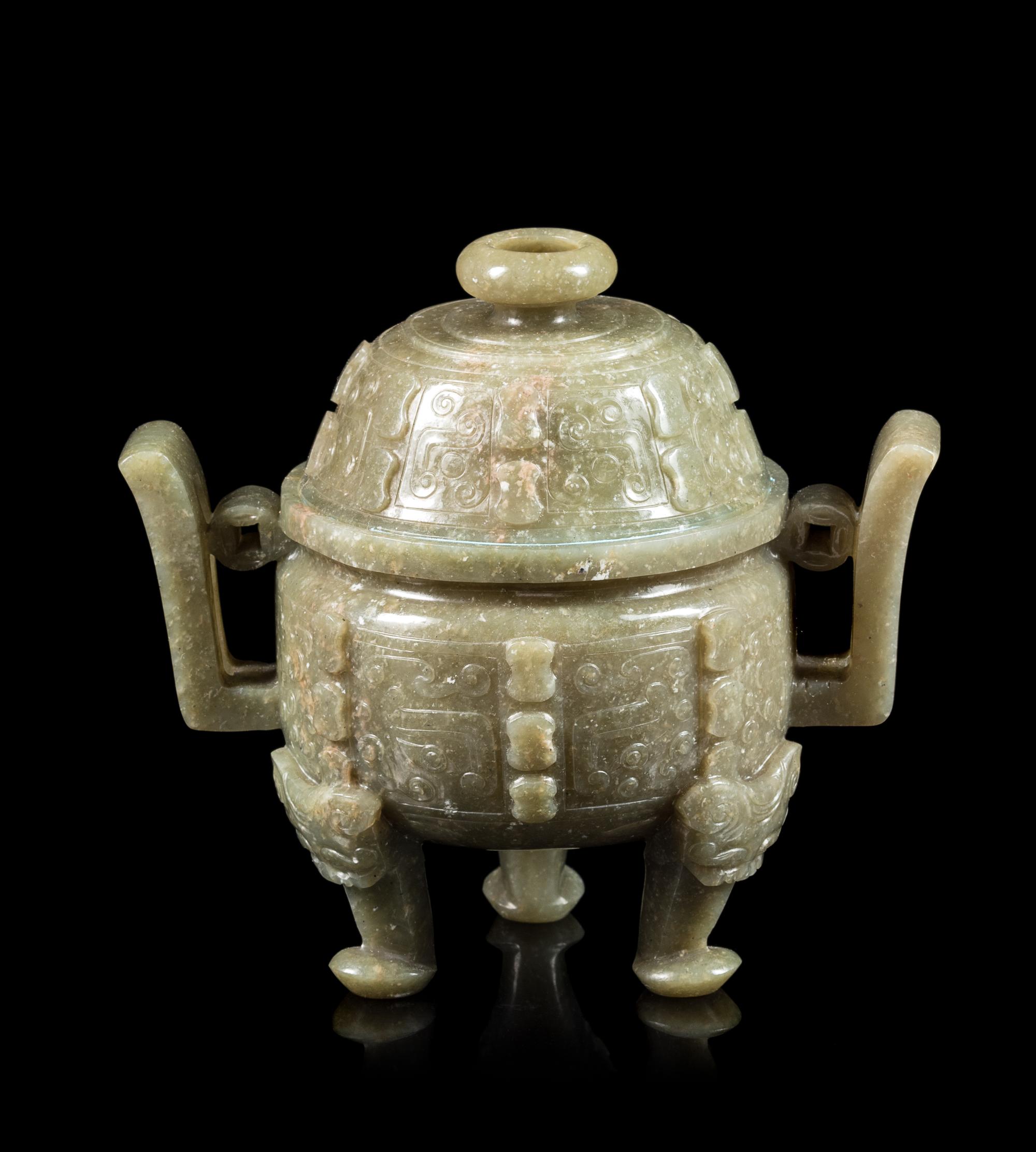 A Spinach Jade Incense Burner Height 6 inches. — 20TH CENTURY