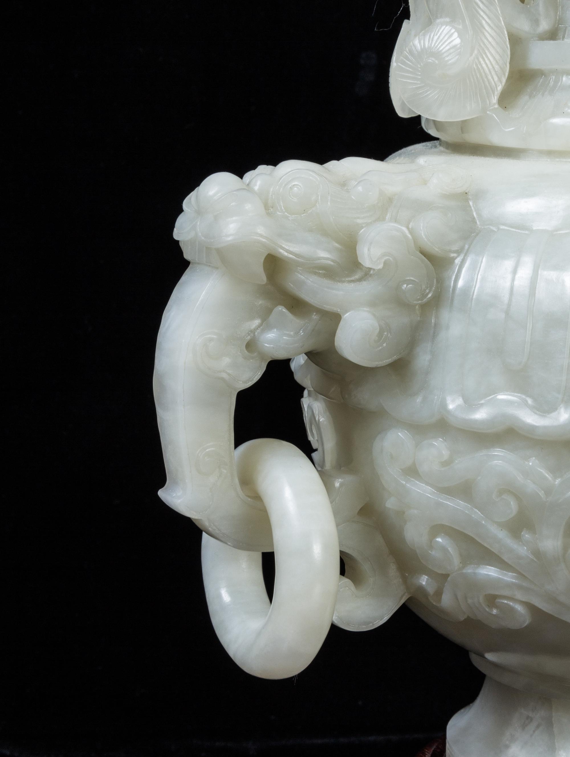 A Large Chinese White Jade Phoenix Handle Vase 20TH CENTURY Height of jade 14 7/8 inches. — 20TH CENTURY