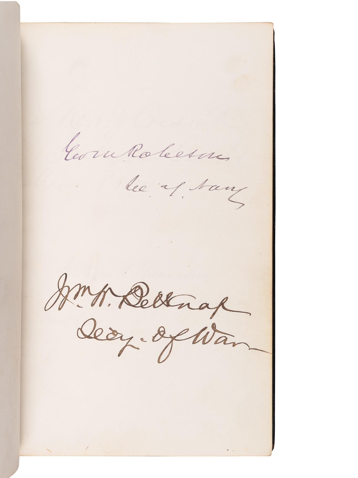 [GRANT, Ulysses S. (1822-1885), and others—AUTOGRAPH ALBUM]. An autograph album, c.1870s, assembling more than 350 signatures and inscriptions by President Ulysses S. Grant, members of his Cabinet (c.1873-74), Supreme Court Justices, Congressman, Senators, and various other prominent American political leaders and statesmen.