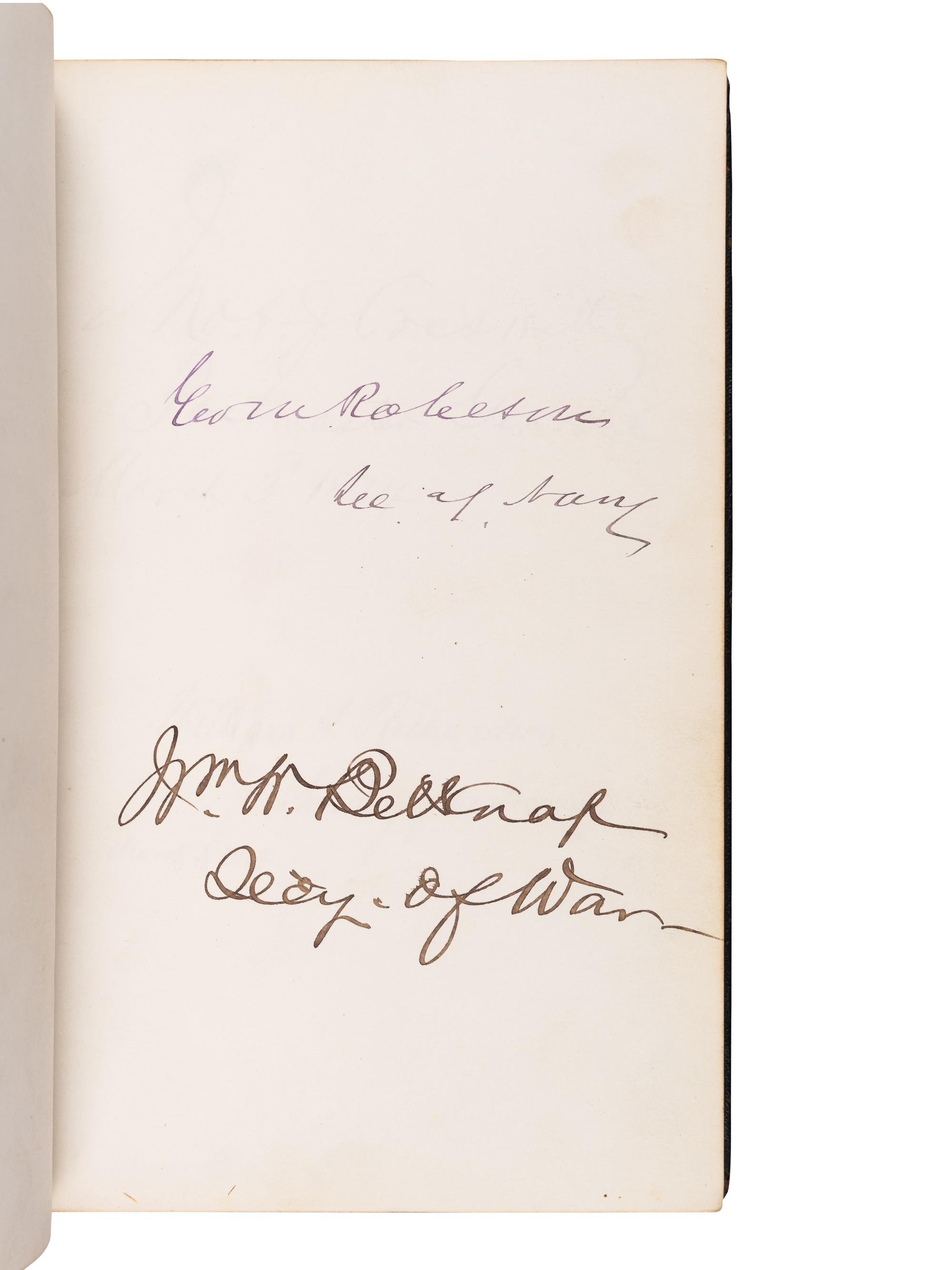 [GRANT, Ulysses S. (1822-1885), and others—AUTOGRAPH ALBUM]. An autograph album, c.1870s, assembling more than 350 signatures and inscriptions by President Ulysses S. Grant, members of his Cabinet (c.1873-74), Supreme Court Justices, Congressman, Senators, and various other prominent American political leaders and statesmen.