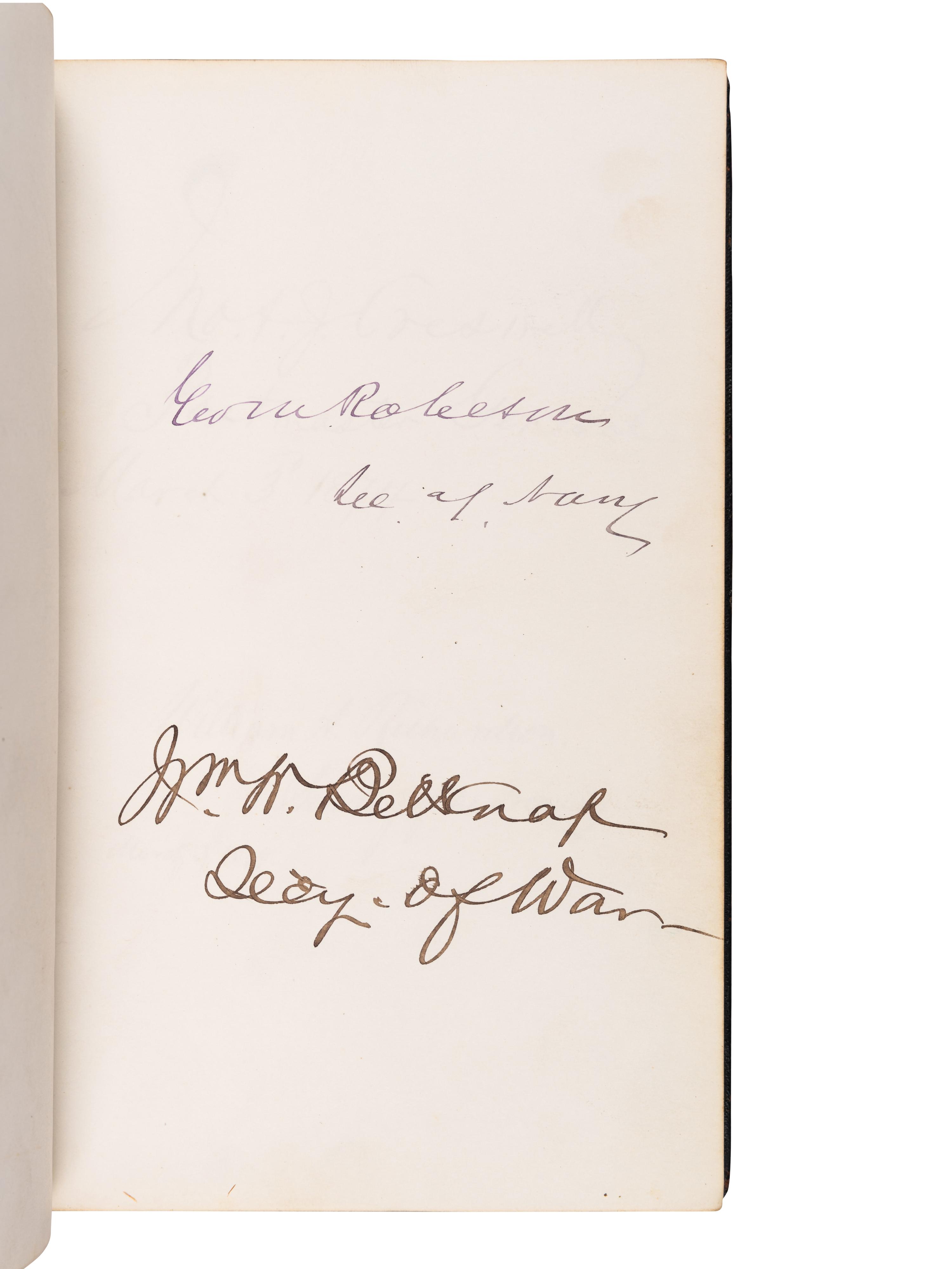 [GRANT, Ulysses S. (1822-1885), and others—AUTOGRAPH ALBUM]. An autograph album, c.1870s, assembling more than 350 signatures and inscriptions by President Ulysses S. Grant, members of his Cabinet (c.1873-74), Supreme Court Justices, Congressman, Senators, and various other prominent American political leaders and statesmen.