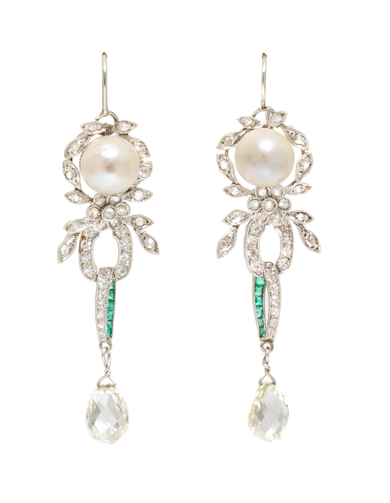 A Pair of Platinum, Pearl, Emerald and Diamond Earrings, 4.30 dwts.