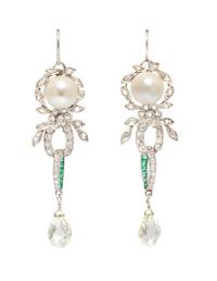 A Pair of Platinum, Pearl, Emerald and Diamond Earrings, 4.30 dwts.