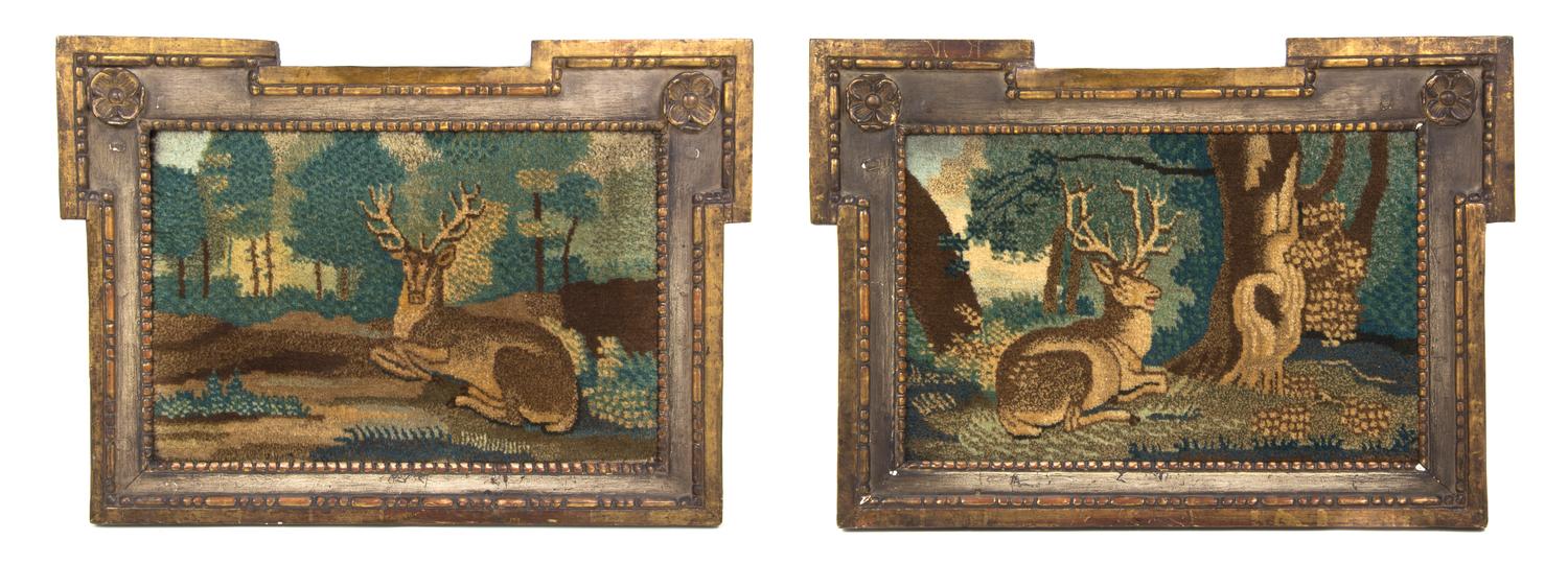 A Pair of Stumpwork Panels, Height 10 1/4 x width 15 1/2 inches.