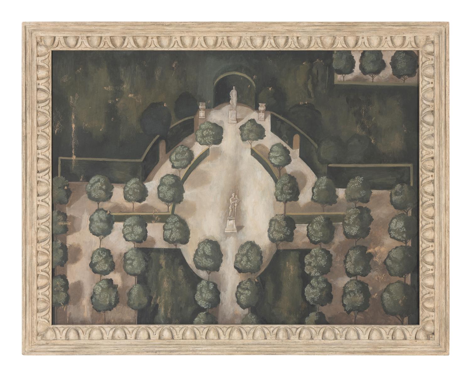 A Pair of Painted Panels Depicting Baroque Gardens