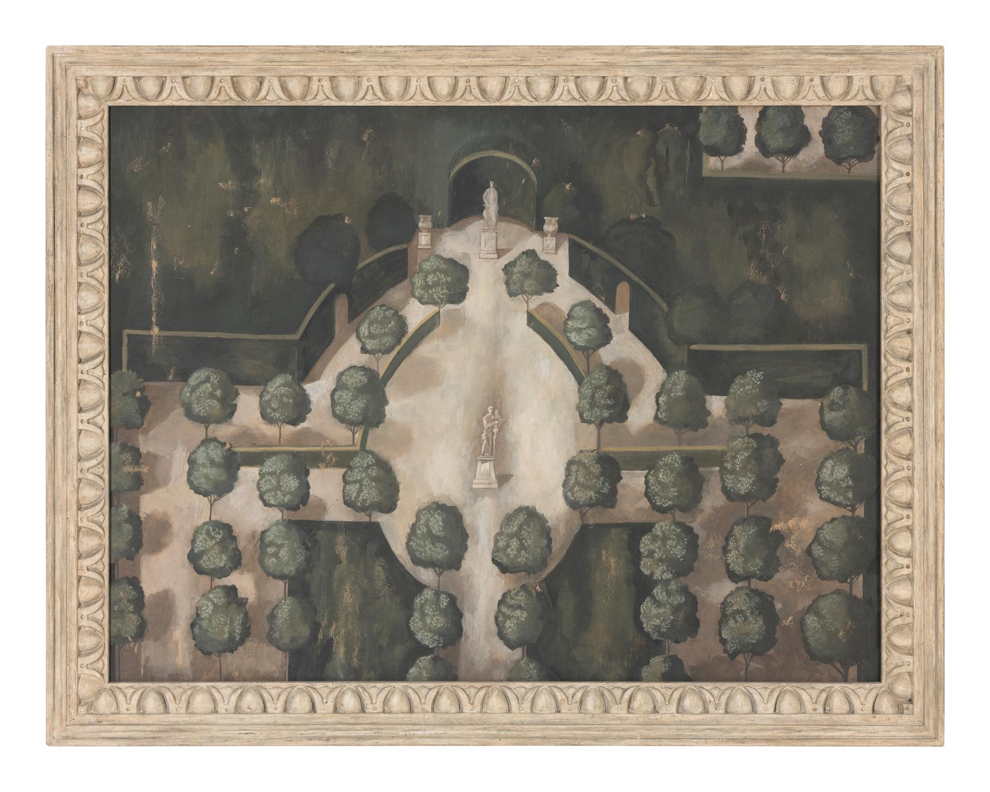 A Pair of Painted Panels Depicting Baroque Gardens