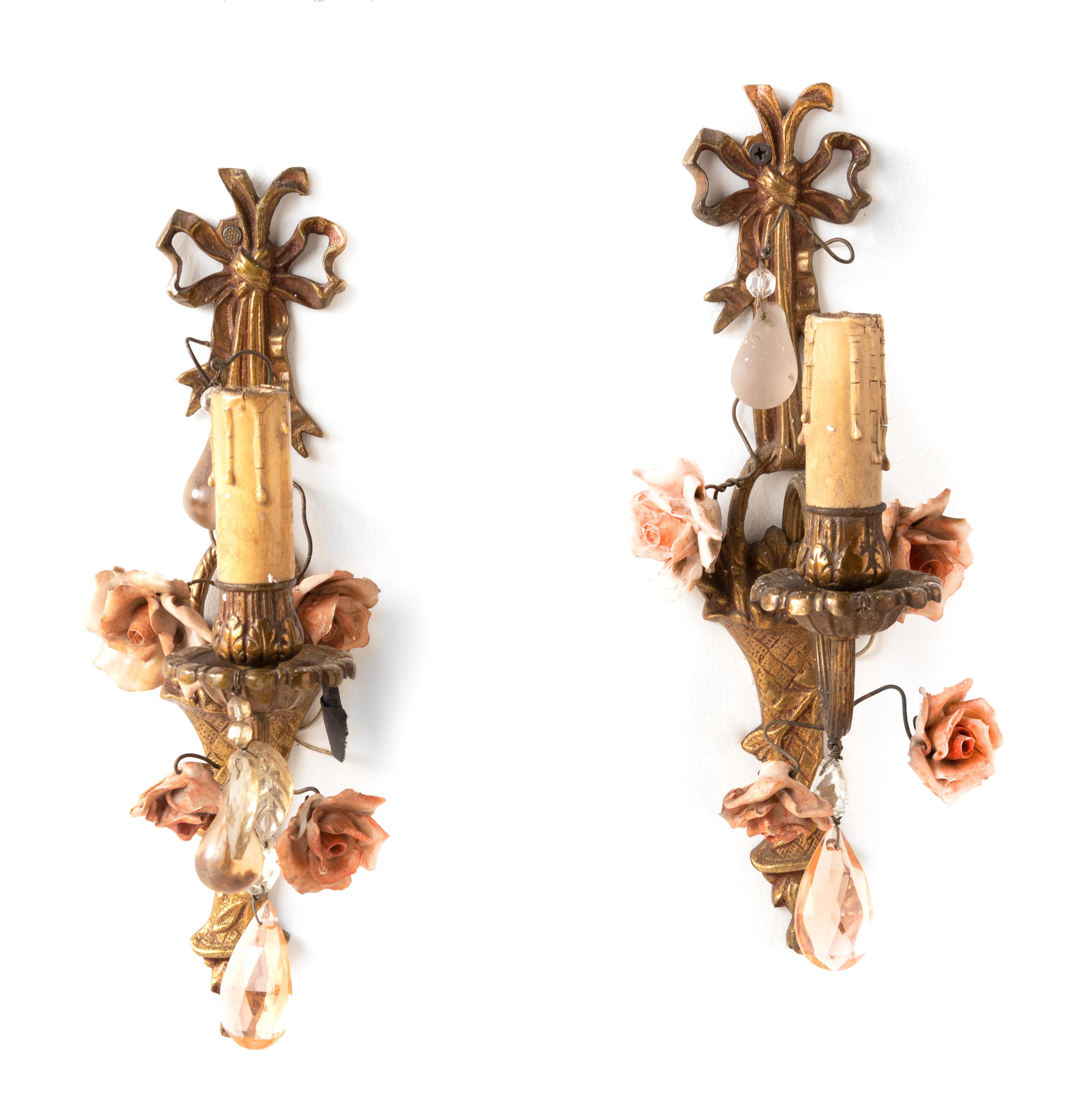 A Pair of Gilt Metal, Porcelain and Glass Single-Light Sconces