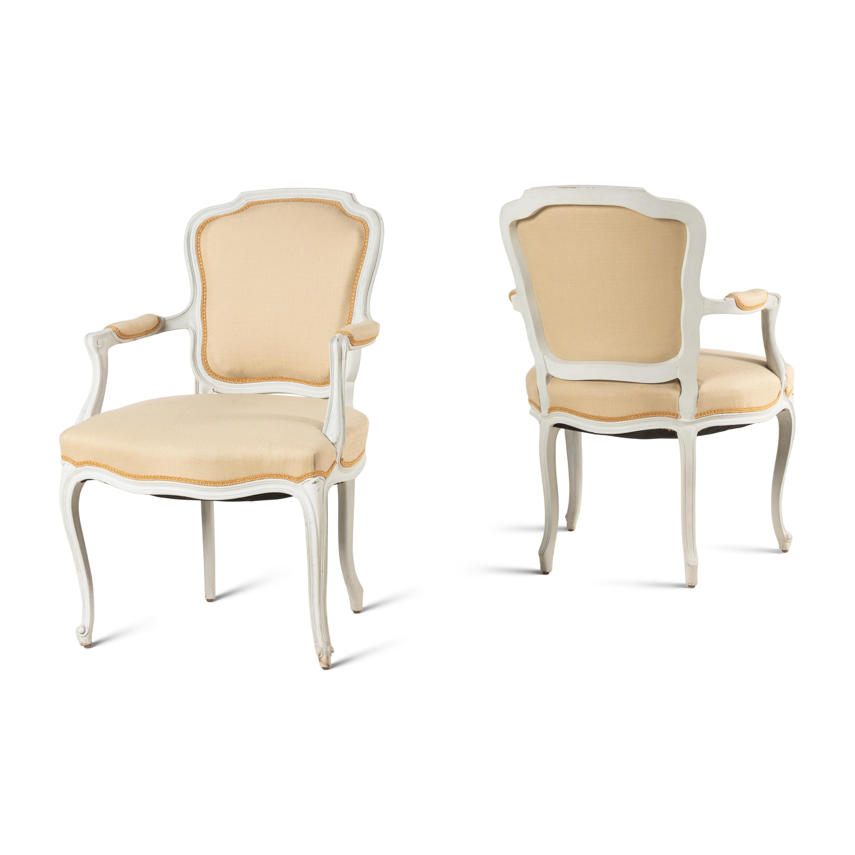 A Pair of Louis XV Style White-Painted Fauteuils