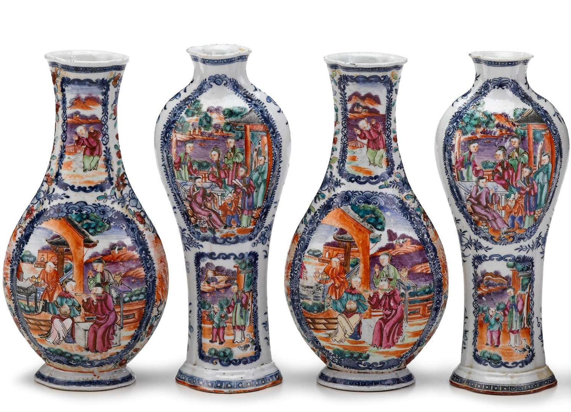 Chinese Export porcelain four piece Rose Mandarin palette garniture qianlong, circa 1775