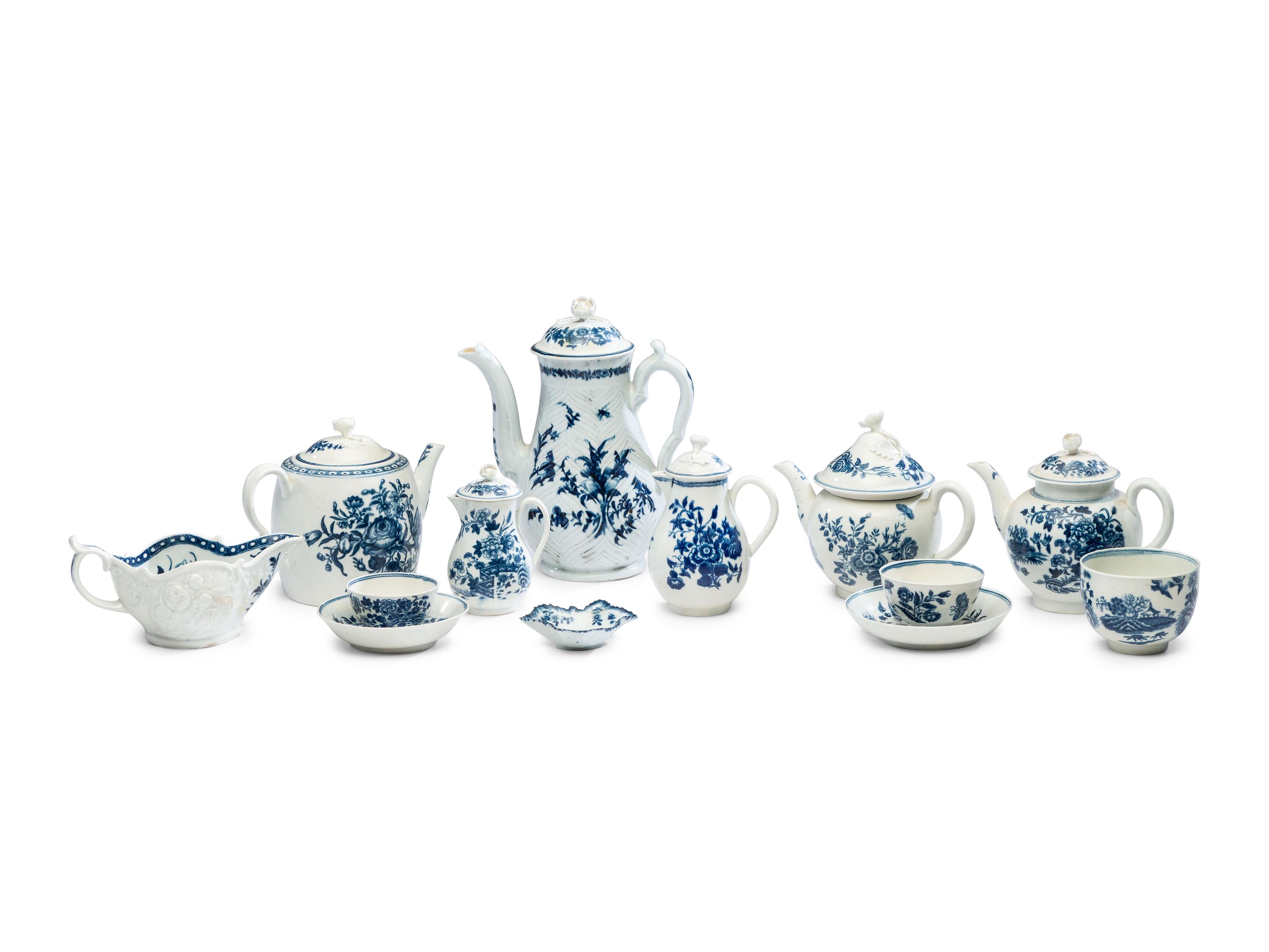 An Assembled Collection of Dr. Wall Period Worcester Cobalt Decorated Porcelain Table Articles