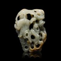A Chinese Greyish Celadon Jade Group of a Boy and Birds, Qing Dynasty 清 青玉鏤雕童子持蓮