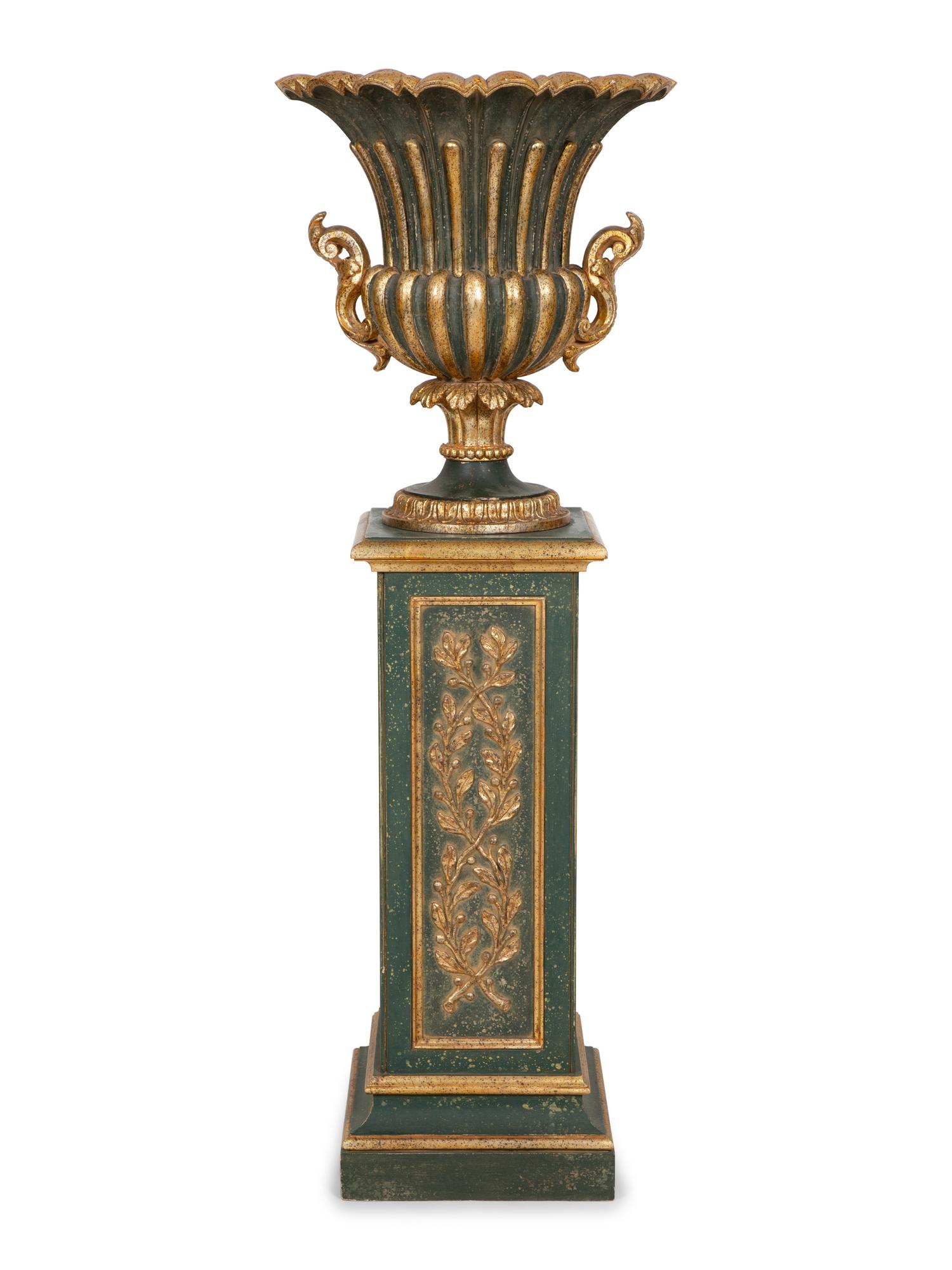 A Painted and Parcel Gilt Campagna-Form Urn on Pedestal