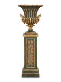 A Painted and Parcel Gilt Campagna-Form Urn on Pedestal