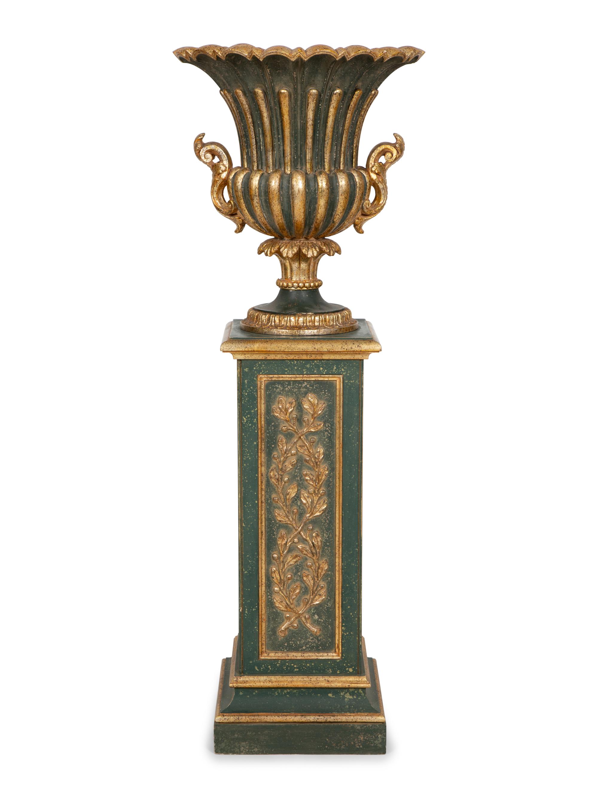 A Painted and Parcel Gilt Campagna-Form Urn on Pedestal