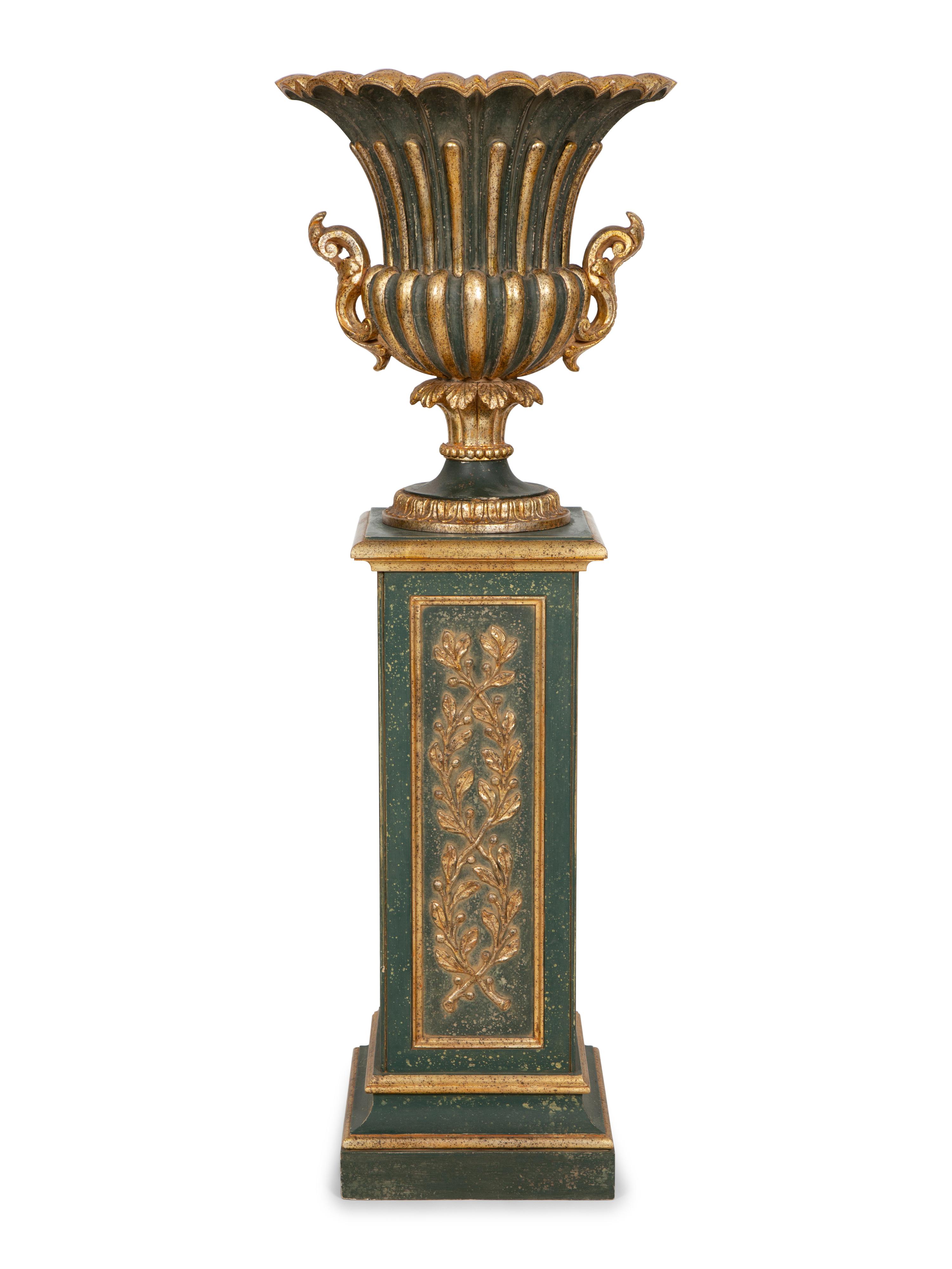 A Painted and Parcel Gilt Campagna-Form Urn on Pedestal