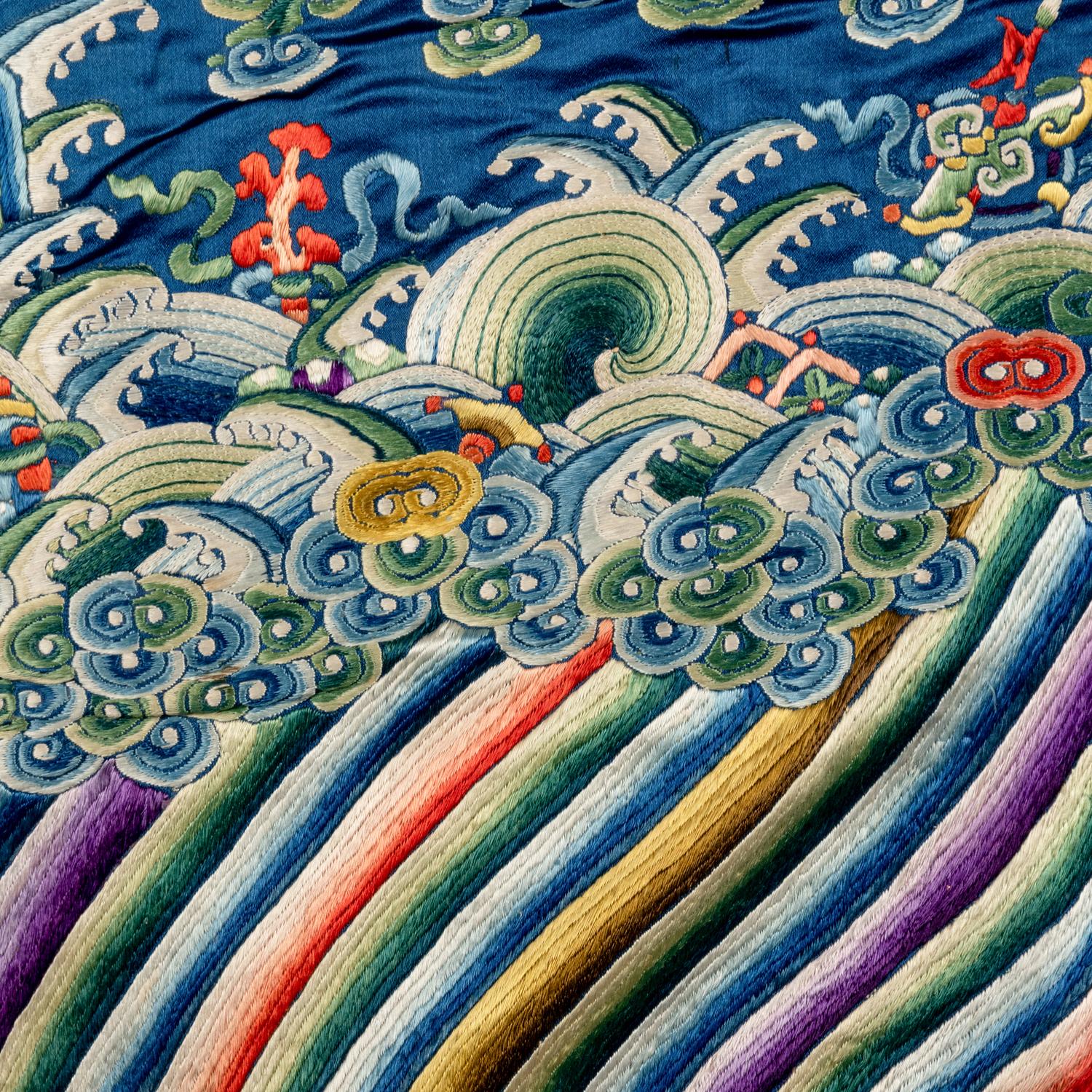 A Chinese Blue Ground Embroidered Silk 'Dragon' Robe, Jifu , 19th Century 清晚期 藍緞地綉云龍紋吉服